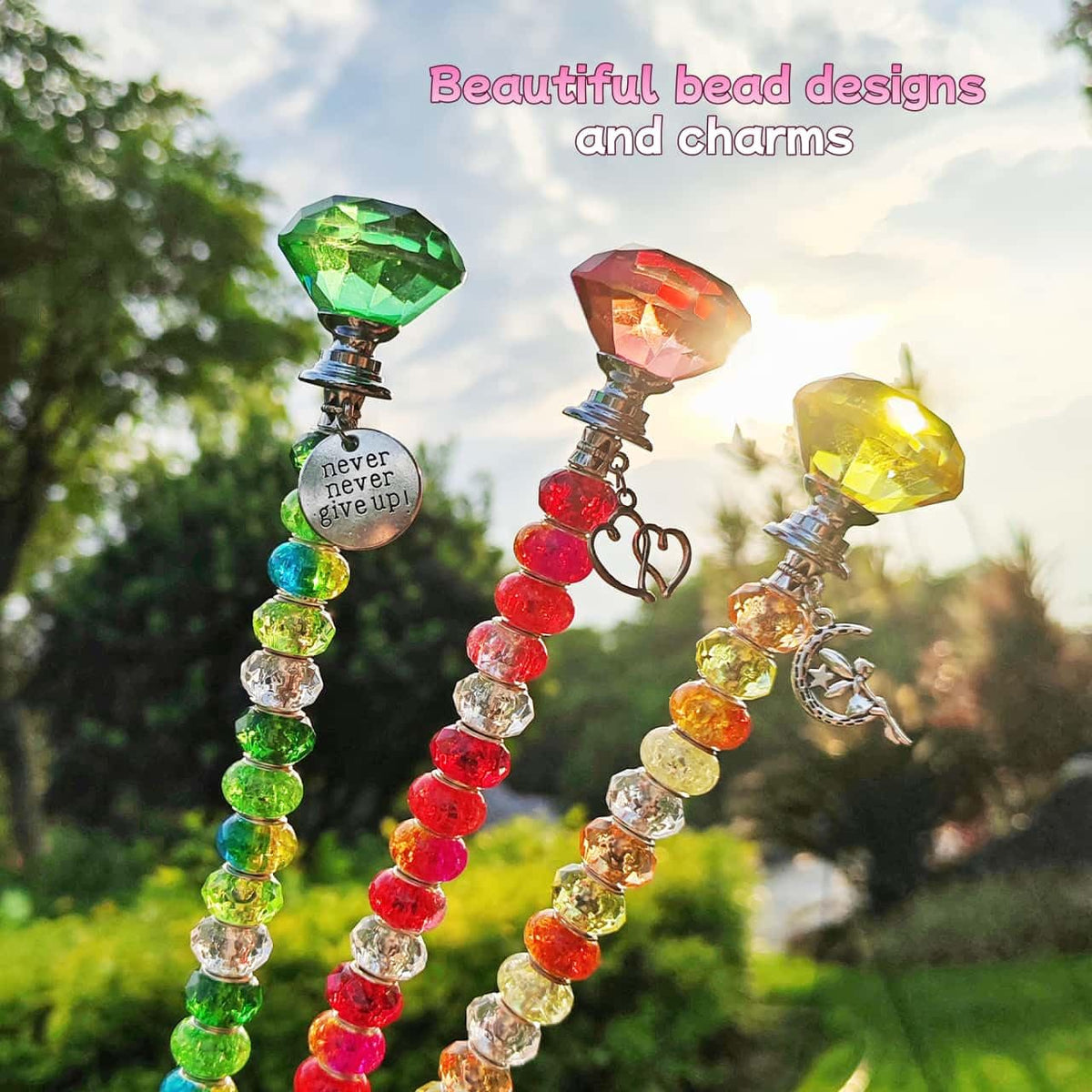 ZSlactp 72Pcs Beaded Garden Stakes Kit - DIY Fairy Wand Garden Stake Beads Kit, Fairy Garden Accessories Outdoor for Different Festivals, Garden Stake Decorative Diamond-(Red+Green+Yellow)