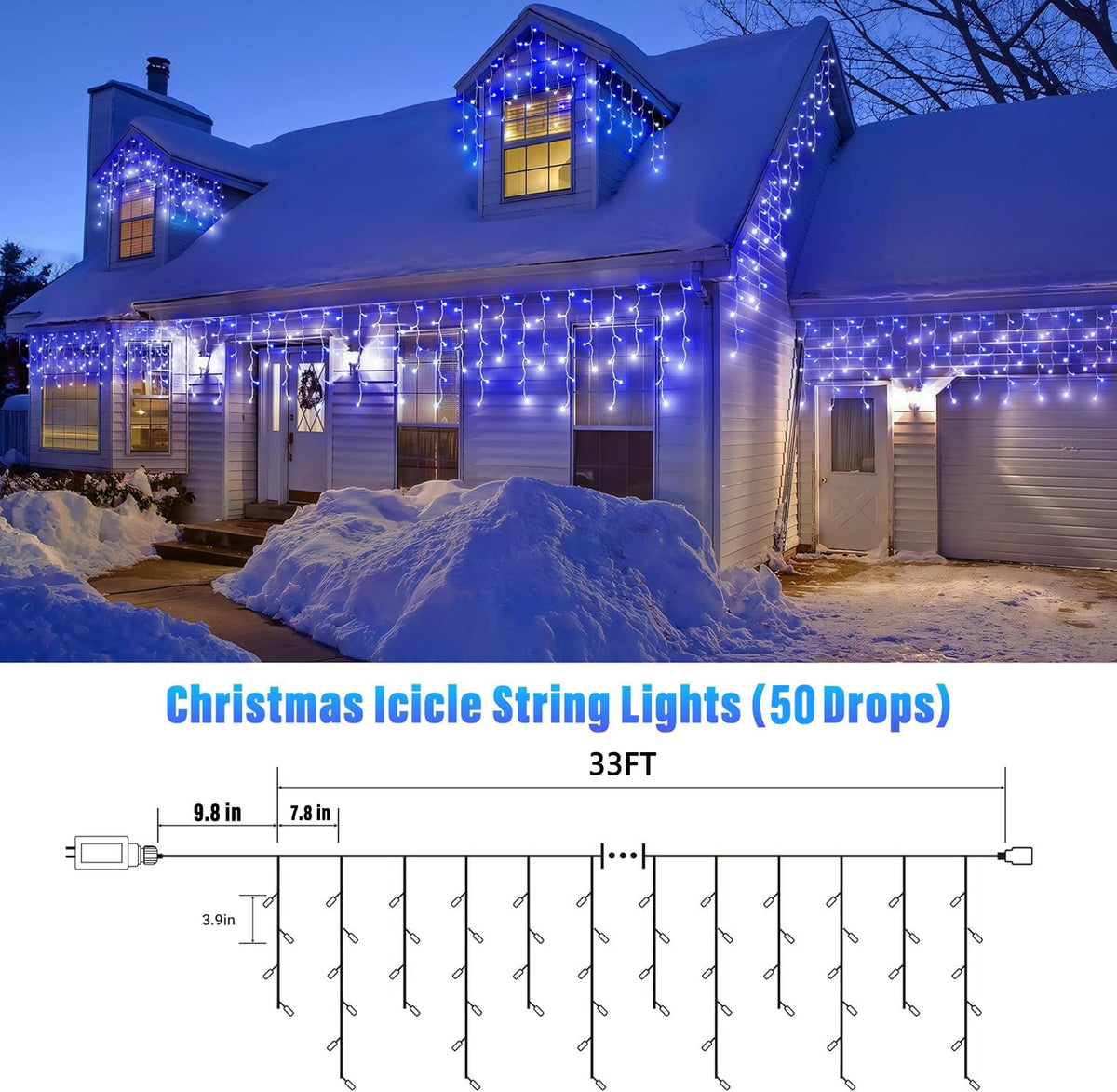 Joomer Christmas Icicle Lights - 33FT Plug in String Lights Waterproof, 8 Modes Timer Connectable Outdoor String Light for Christmas Party, Eaves, Roofs, Xmas Decorations (White+Blue)