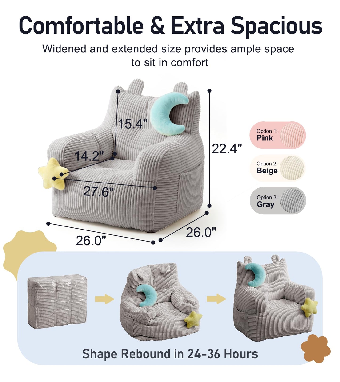 little dove Bean Bag Chairs for Kids, Comfy Bean Bag Chair with 2 Plush Toys, Toddler Chair with Pocket, Stuffed Lazy Sofa with Filler for Boys and Girls, Kids Chairs for Gaming, Reading, Grey
