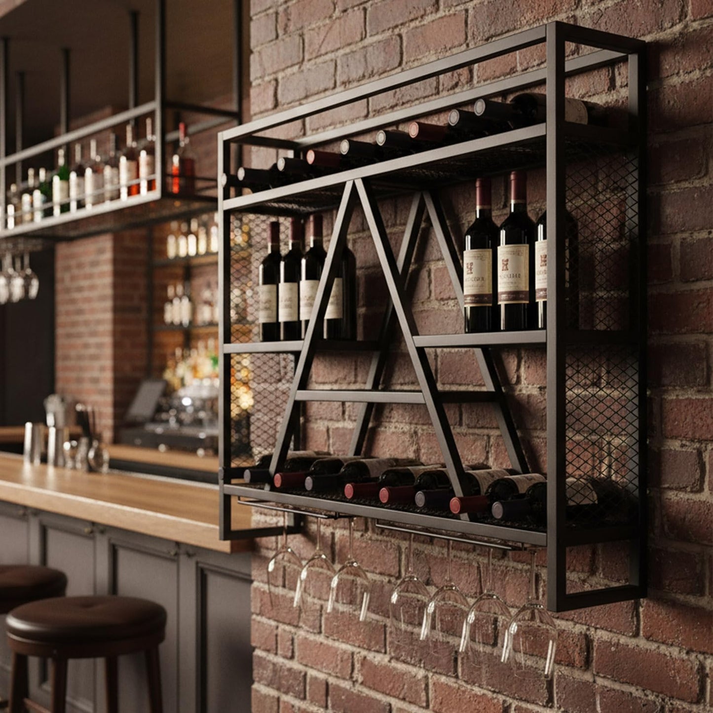 KIPPDURO Wall Mounted Wine Rack with LED Lights, 39.4in Metal Wine Bottle and Glass Holder, A-Frame Bar Shelf for Kitchen, Bar, Cafe Wine Rack Background, (Black, 39.4 * 5.9 * 31.5INCHES)