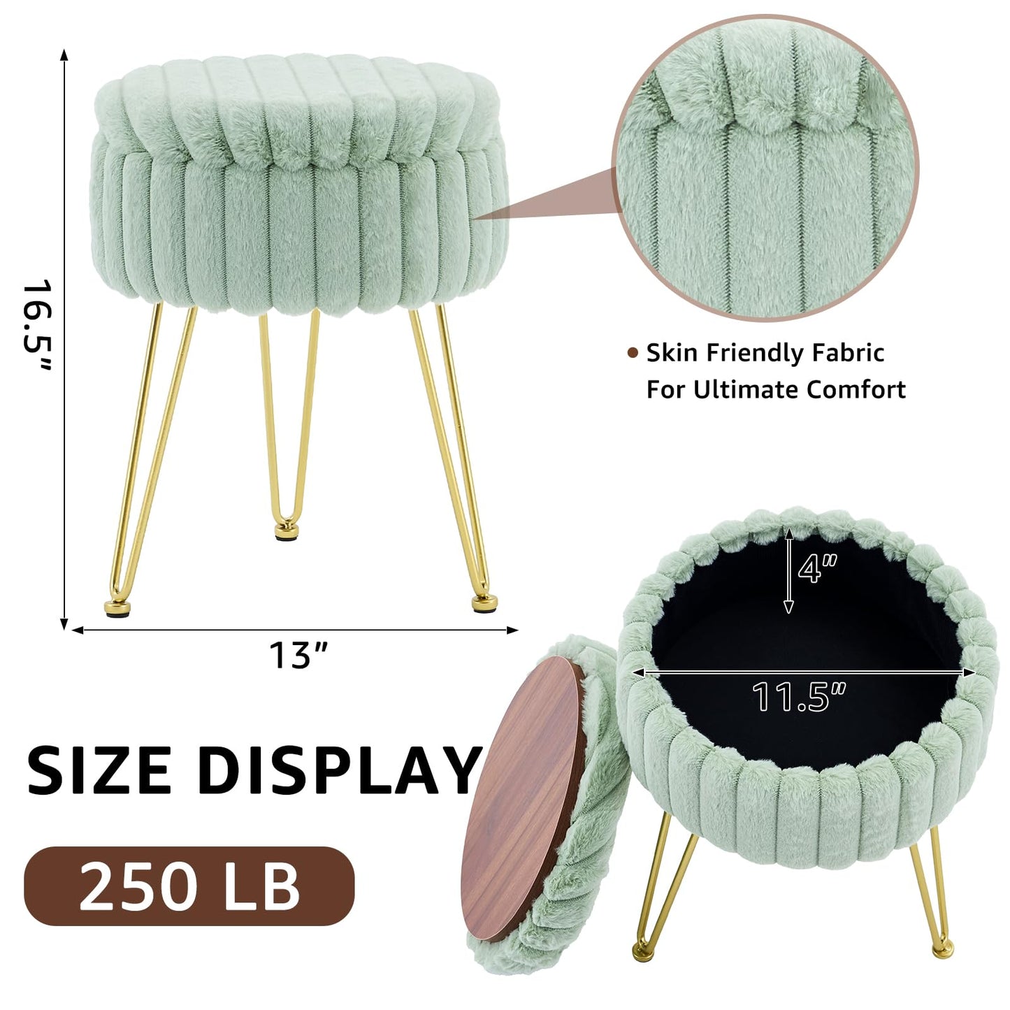 Wimarsbon Vanity Stool with Storage, Faux Fur Ottoman Chair with Metal Legs, Round Makeup Vanity Chair for Bedroom or Dressing Table, Modern Small Ottoman Seat (Green)