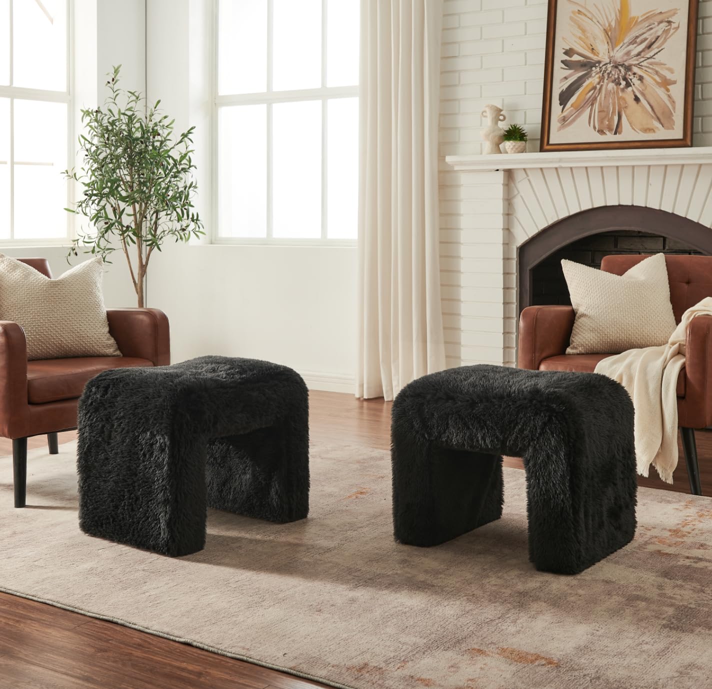 Roundhill Furniture Zorya Contemporary Faux Fur U-Shaped Ottoman, Set of 2, Black
