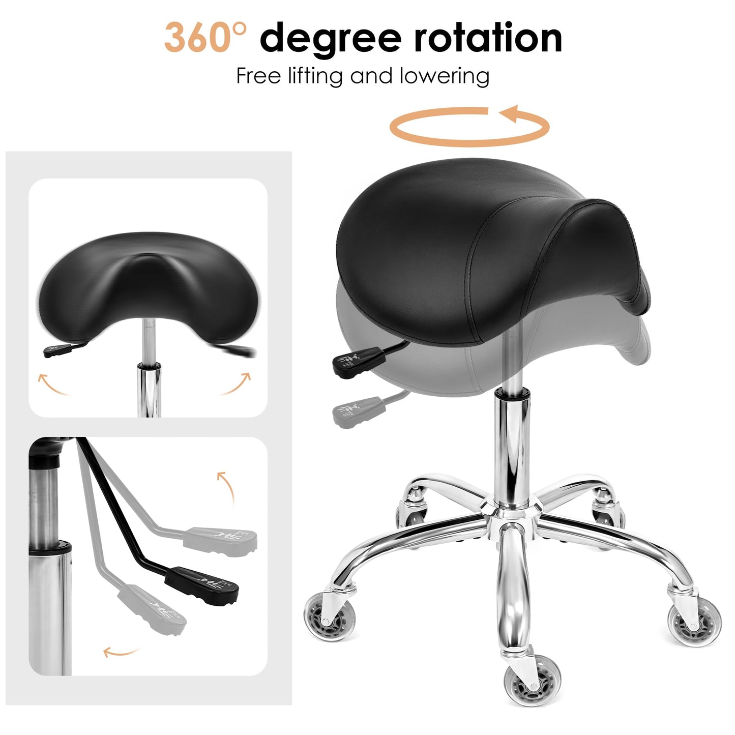 BEWISHOME Saddle Stool with Wheels, Ergonomic Contoured Seat, Thick Cushioned PU Leather Swivel Saddle Chair with Adjustable Height for All-Day Comfort, for Salon, Clinic, Studio and Home Office