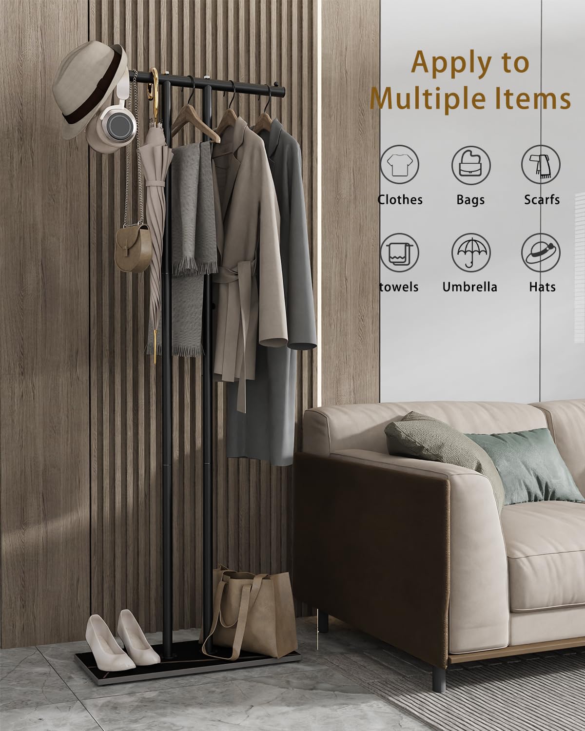 OUTBROS Large Metal Coat Rack Freestanding with Rock Base, Standing Garment Storage for Indoor - 23.6" Wide Heavy Duty Clothe Rack Metal Clothing Hanger Rack (Black)