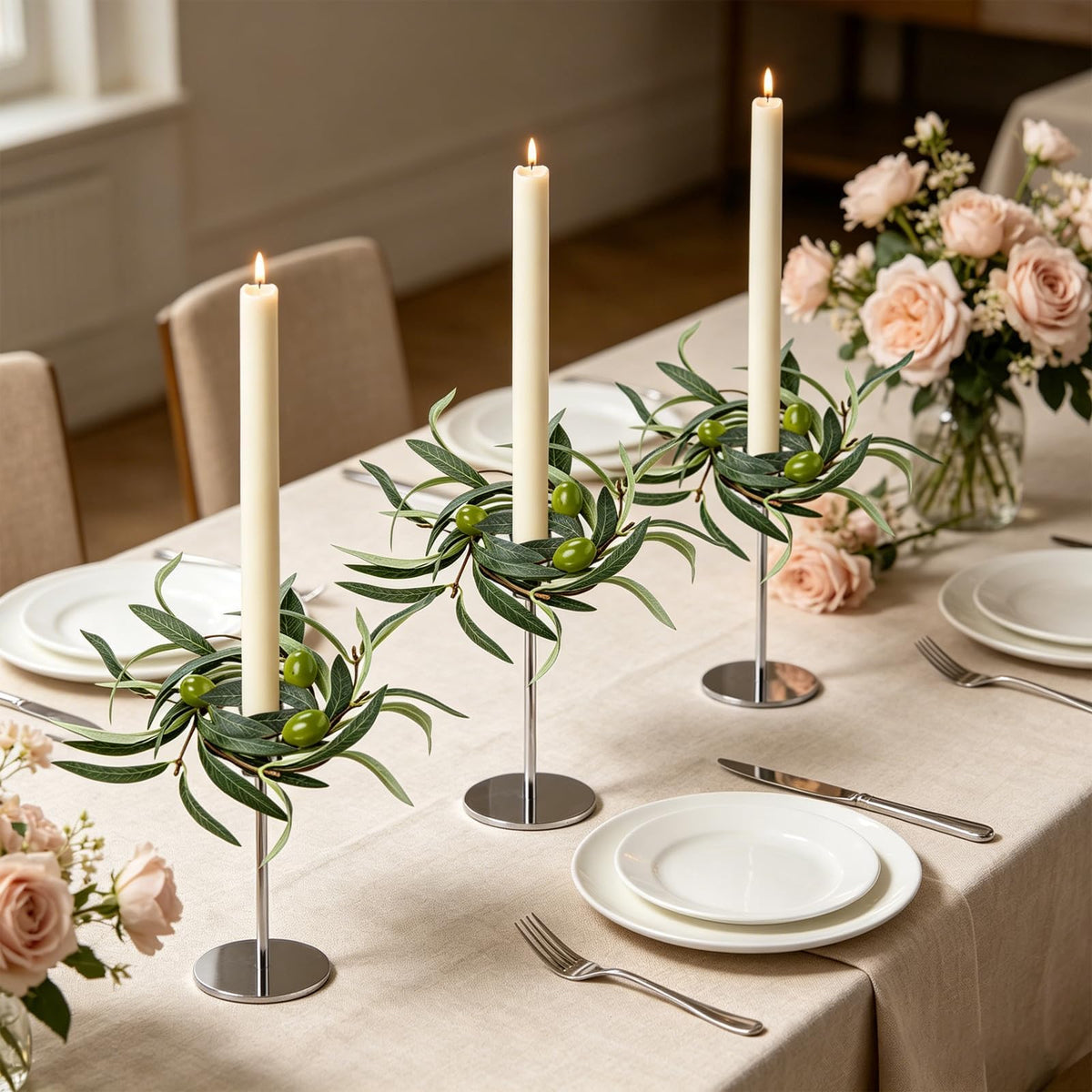6 PCS 1.38" Mini Spring Summer Taper Candle Ring Mini Green Olive Candle Rings for Tapers Small Artificial Greenery Candle Holder Wreaths for Table Centerpieces Home Wedding Candlesticks Decor