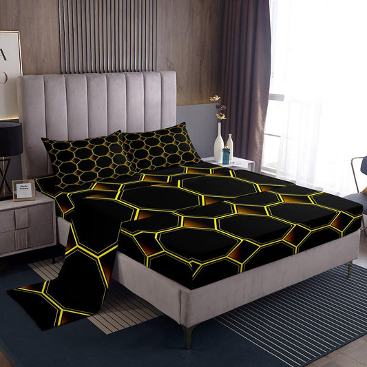 Honeycomb Bed Sheets Set Queen Size Geometric Hexagonal Beehive Sheet Set for Boys,3D Stereoscopic Yellow Hexagon Sheets,Neon Simplistic Geometrical Black Room Decor