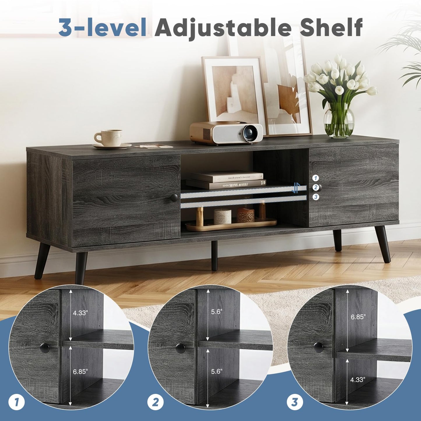 DUMOS TV Stand for 55 60 inch TV, Modern Mid Century Entertainment Center with Storage, Wooden Media Console Table with 2 Cabinets, for Living Room, Bedroom, Grey