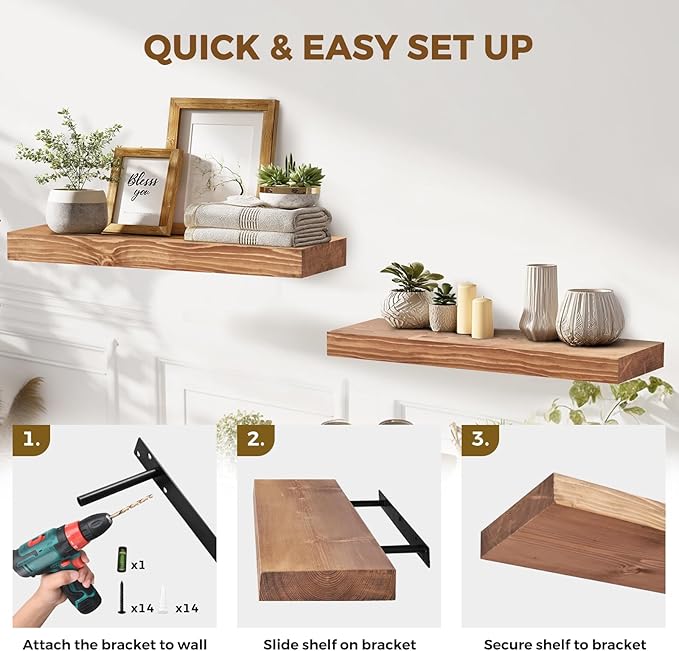 24x8x1.6 inch Floating Shelves Set of 2 – Solid Wood Rustic Oak Wall Mounted
