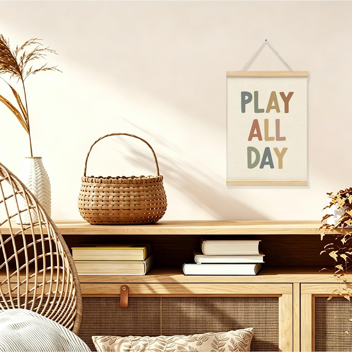 STHTTSW Boho Play Room Wall Decor Poster Hanger Frame, Play All Day Nursery Wall Art Kids Wall Decor, Playroom Art for Toddler Playroom Bedroom Kids Room Baby Girl Nursery,12x16 Inch