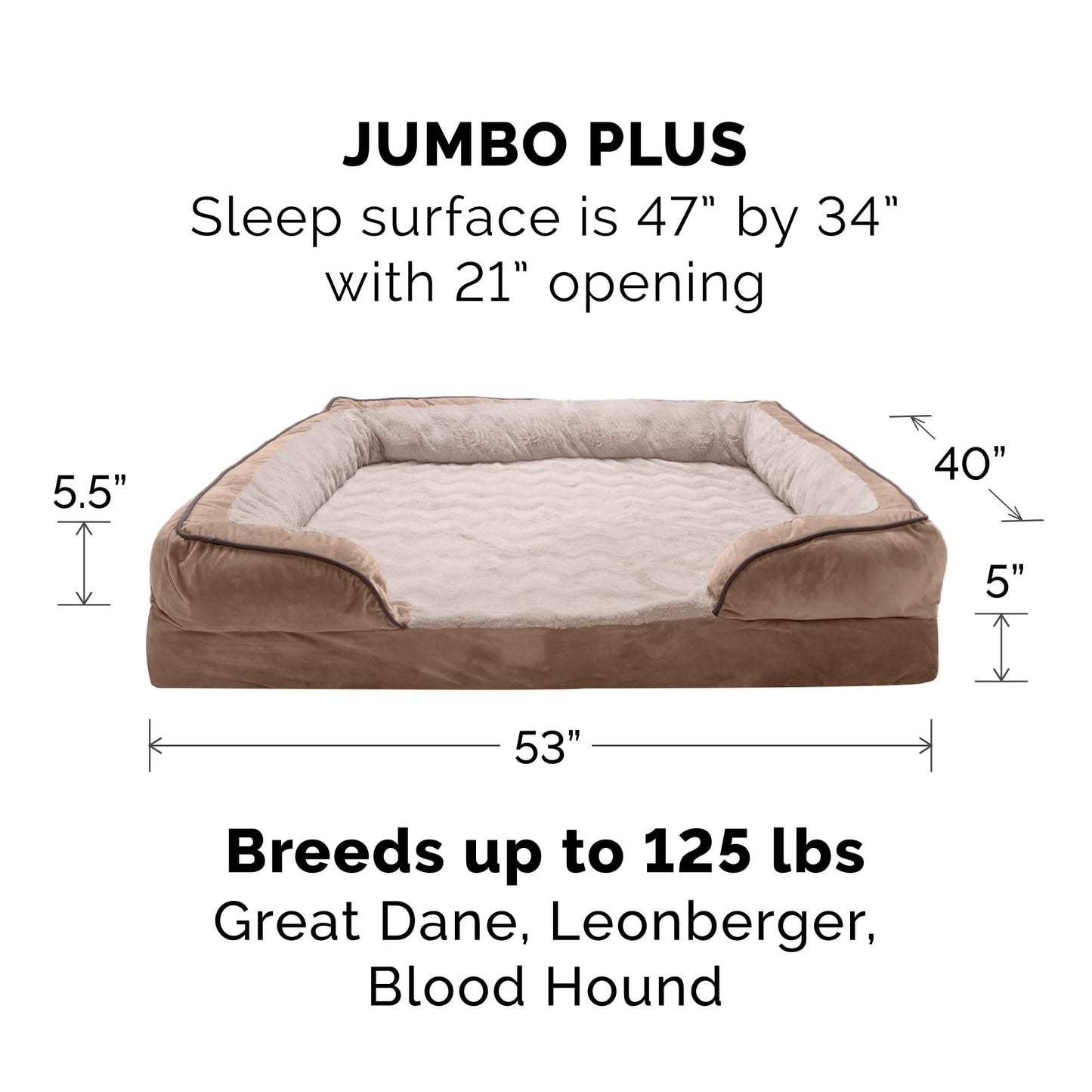 Furhaven Orthopedic Dog Bed for Large Dogs w/ Removable Bolsters & Washable Cover, For Dogs Up to 125 lbs - Plush & Velvet Waves Perfect Comfort Sofa - Brownstone, Jumbo Plus/XXL