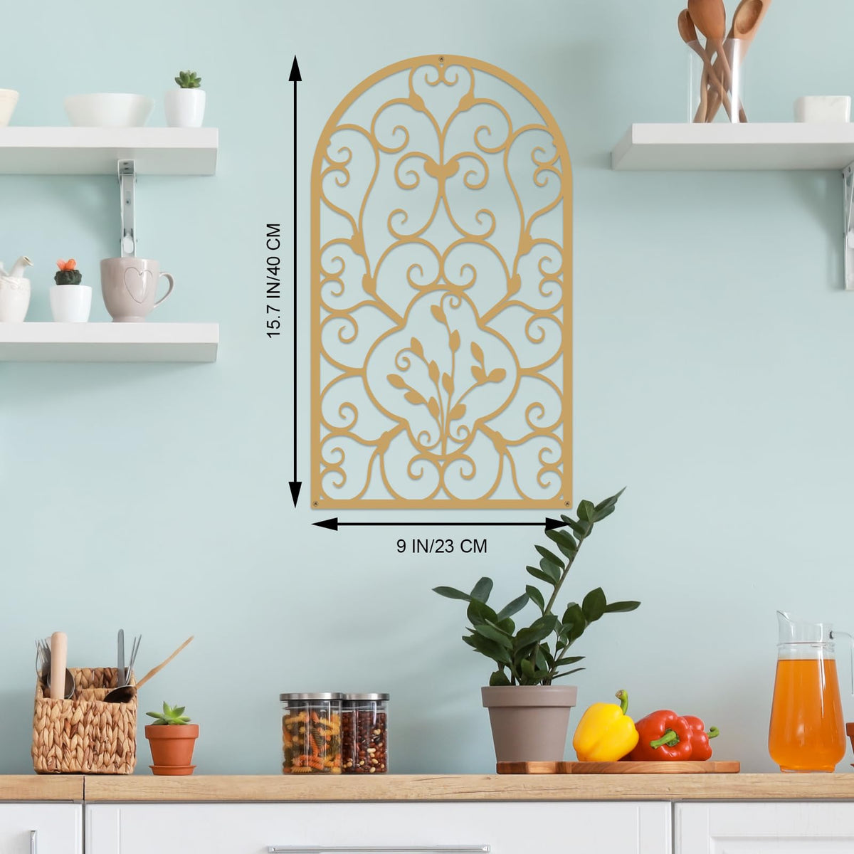 Resama 2 Pcs Scroll Home Wall Decor, Rustic Metal Wall Decor Window Arch Design Modern Farmhouse Wall Sculptures Hanging for Living Room Bedroom Hallway Kitchen (Gold, (15.7" X 9")