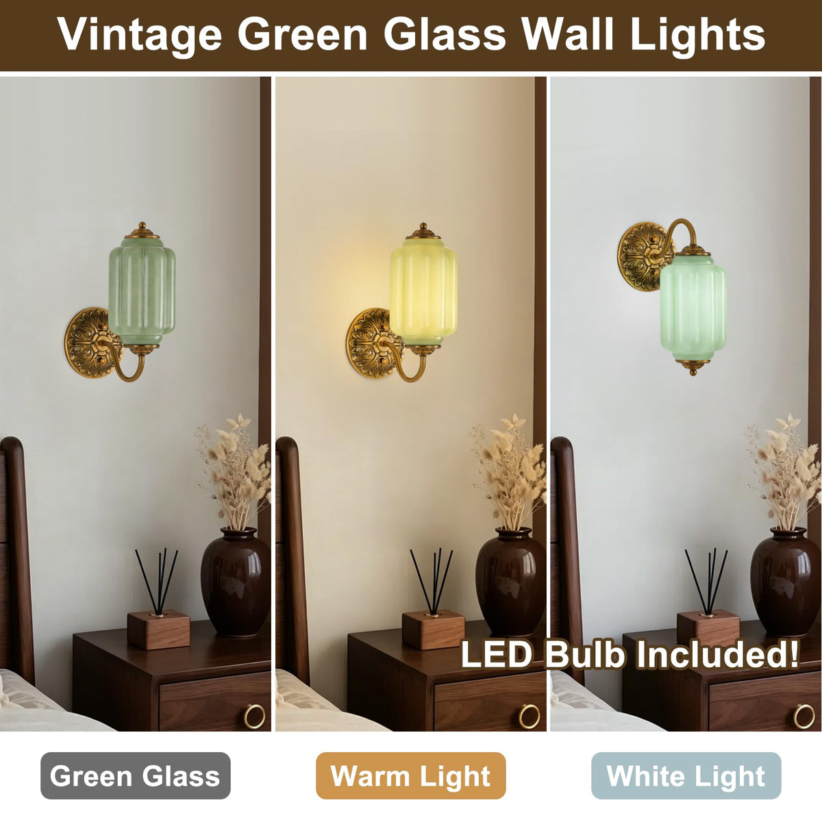 Pandaluna Vintage Wall Sconce, Green Milk Glass Light Fixture, 5.5In Art Deco Antique Wall Sconce for Bedroom Bathroom Living Room Hallway Entryway, E12 LED Bulb Included, Retro Gold & Green 2 Pack