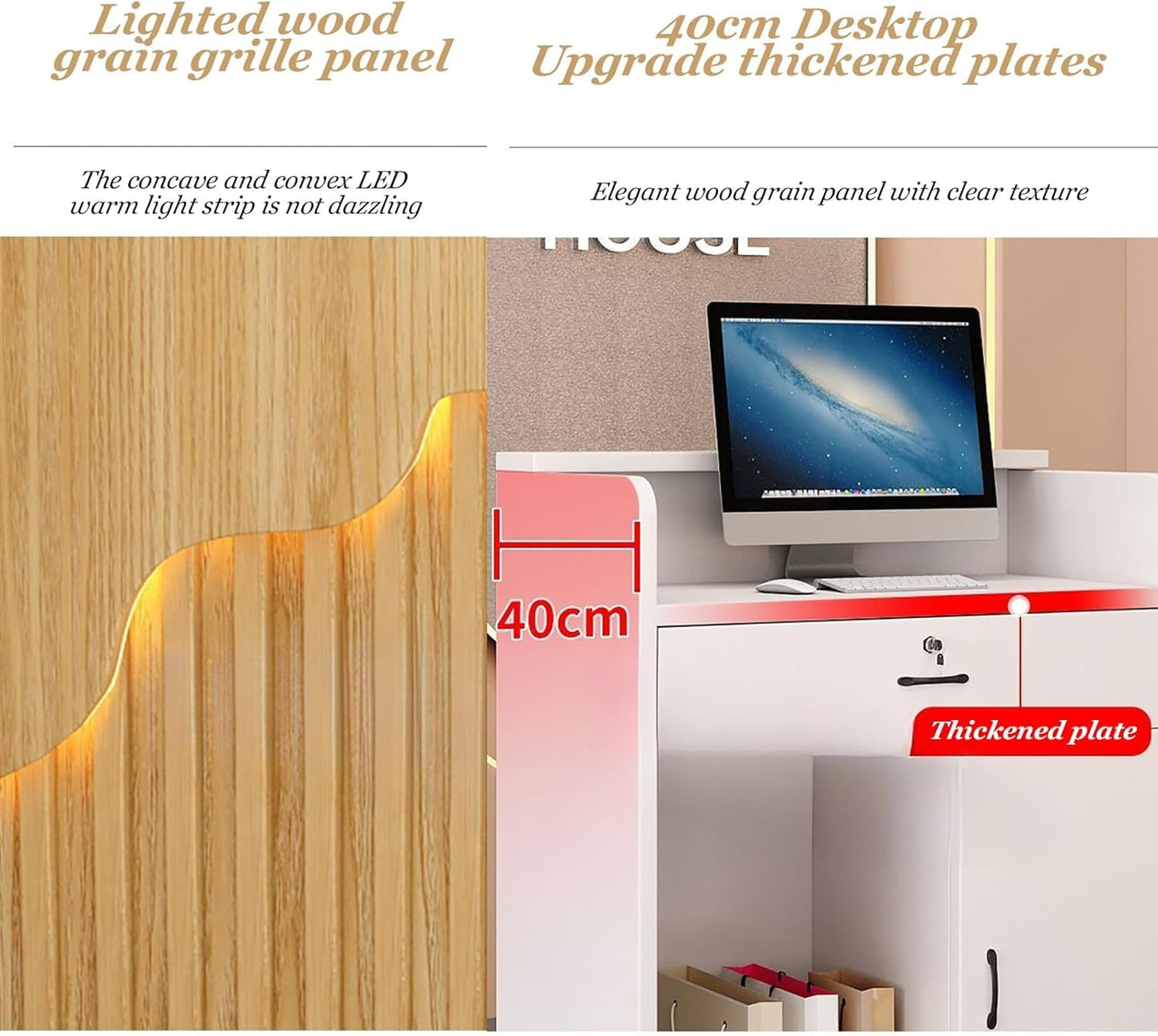 Reception Desk Counter Table - L-Shaped Cashier Front Desk, Wooden Design with Open Shelves & Drawers, Modern Retail Counter for Supermarkets, Convenience Stores & Hotels