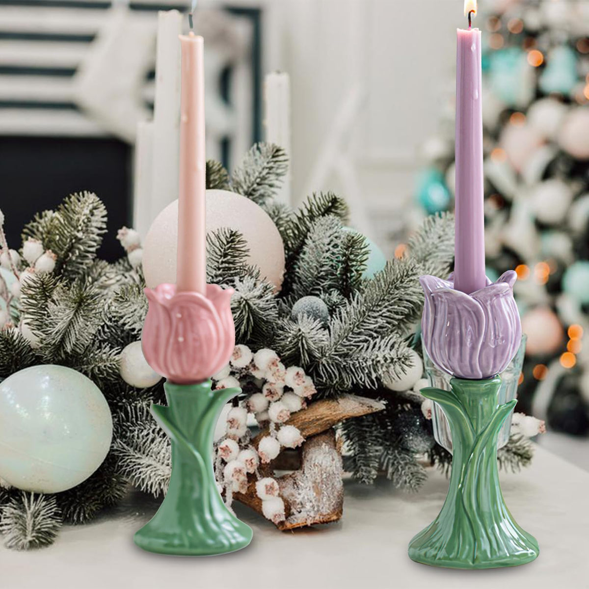 Ceramic Candlestick Holder， Candle Holder for Taper Candles,Incense, Santo Palo, Halloween Christmas Wedding Parties, Dining Room Home Decoration Display (Purple)