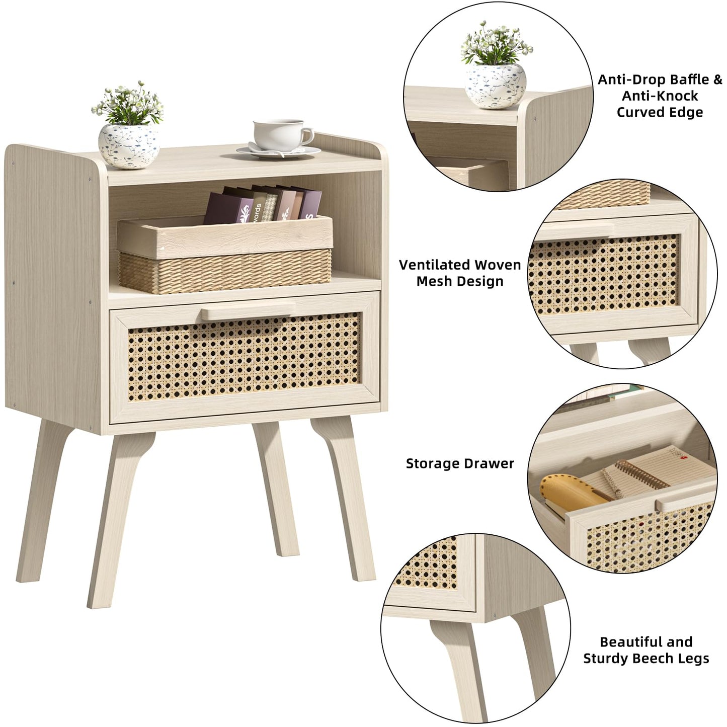 Lerliuo Rattan Nightstand, Side Table with Drawer Open Shelf, Cane Accent Bedside End Table with Solid Wood Legs, Mid Century Modern Night Stand for Bedroom, Dorm and Small Spaces (Grey White)