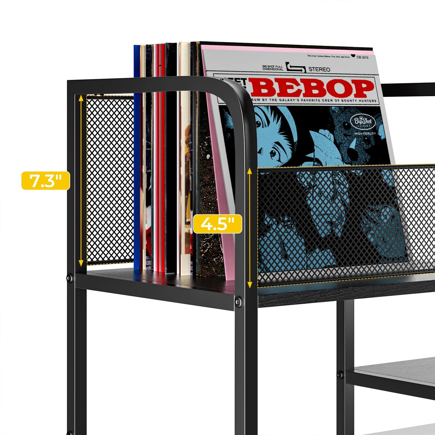 Nidouillet Record Player Stand with LED Light, Turntable Stand with Vinyl Storage for 300+ Albums, 3-Tier Media Cabinet with Adjustable Shelf, Mesh Fences & V-Shaped Holder, for Living Room & Bedroom