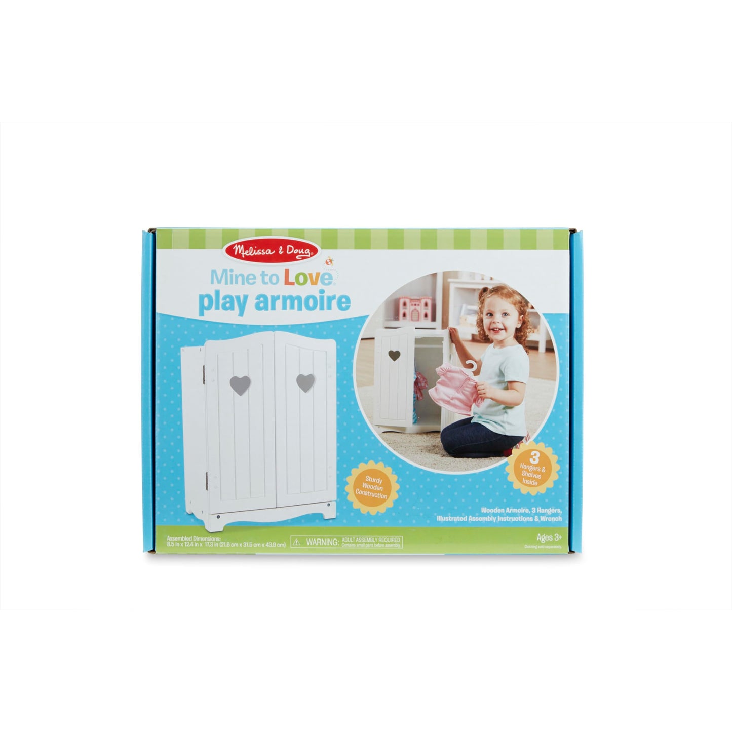 Melissa & Doug Mine to Love Wooden Play Armoire Closet for Dolls, Stuffed Animals - White (17.3”H x 12.4”W x 8.5”D Assembled) Wooden Pretend Play Closet, Doll Wardrobe