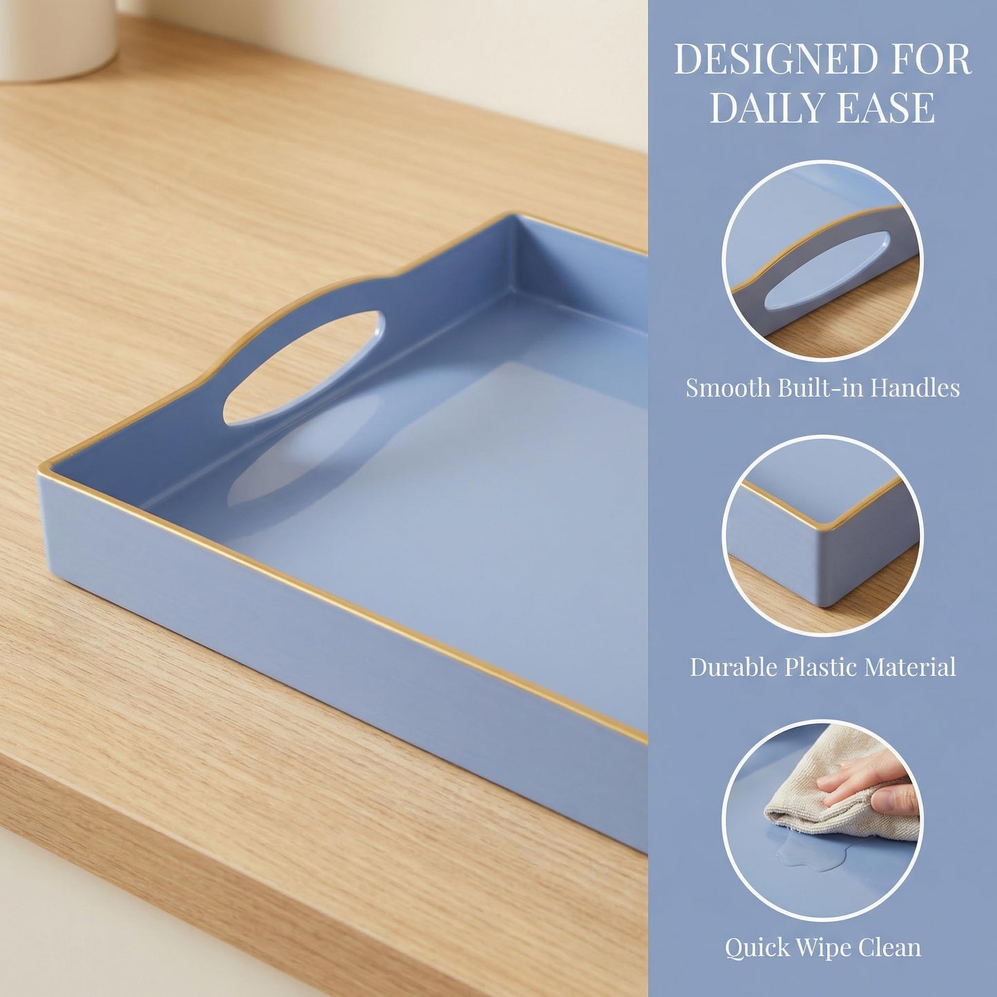Umisriro Blue Serving Tray with 4 Handles, Plastic Decorative Tray for Coffee Table, Ottoman - Ideal for Living Room & Bathroom. 15” x 11” x 1.9”
