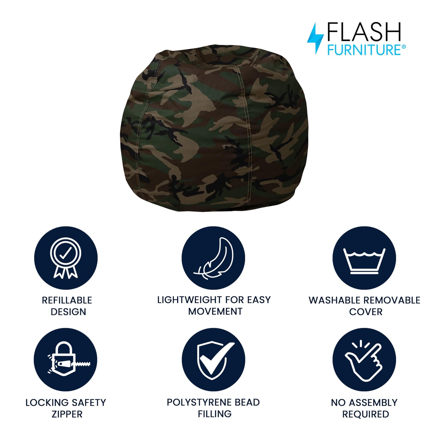 Flash Furniture Dillon Small Bean Bag Chair for Kids and Teens, Foam-Filled Beanbag Chair with Machine Washable Cover, Camouflage