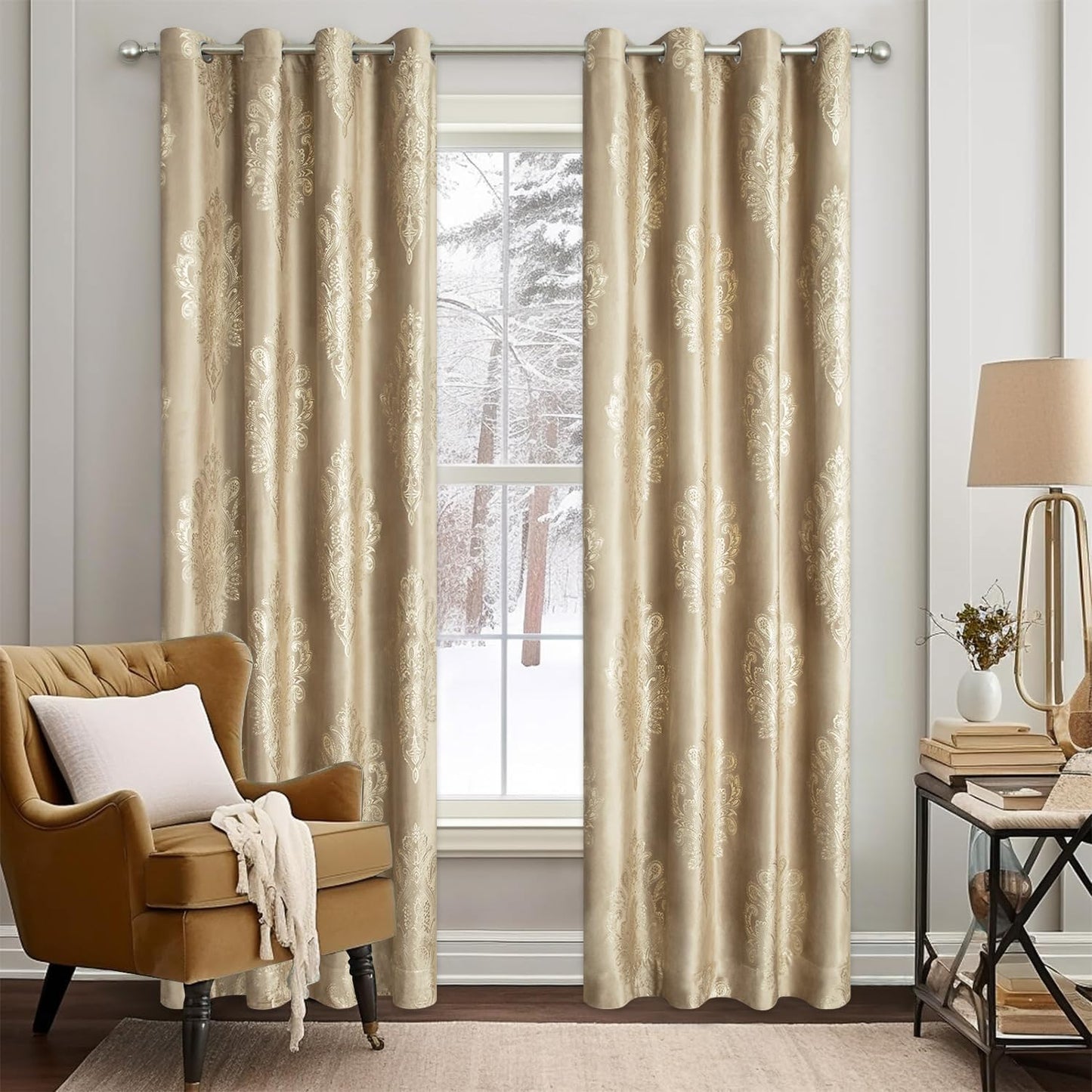 VOGOL Brown Blackout Bedroom Curtains, Luxury European Style Thermal Insulated Velvet Drapes for Living Room, Golden Flower Pattern Room Darkening Curtain, 2 Panels, 52 x 84
