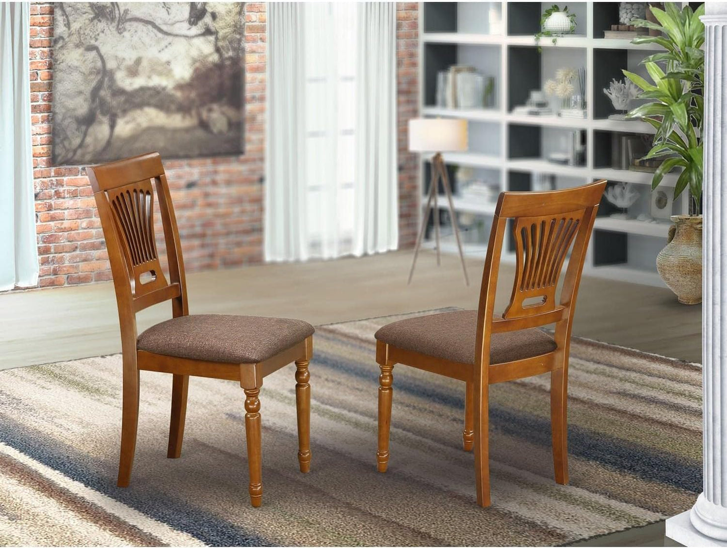 East West Furniture PVC-SBR-C Plainville Dining Room Chairs - Linen Fabric Upholstered Solid Wood Chairs, Set of 2, Saddle Brown