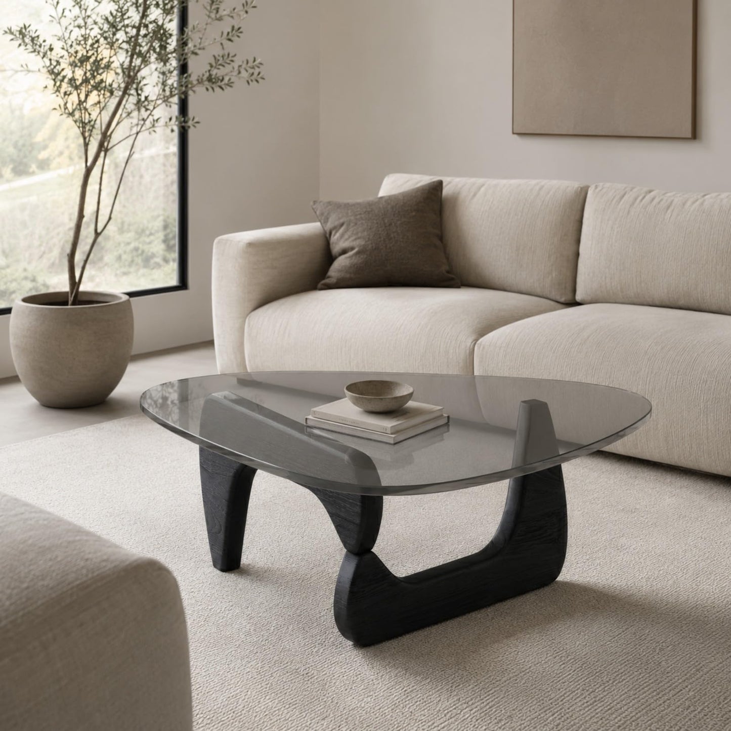 QHRAY Modern Glass Coffee Table, Black Wood Grain Base, Gray Tempered Glass Top, 32" Center Table, Black Coffee Table for Living Room Apartment Office Lounge Reception Bedroom