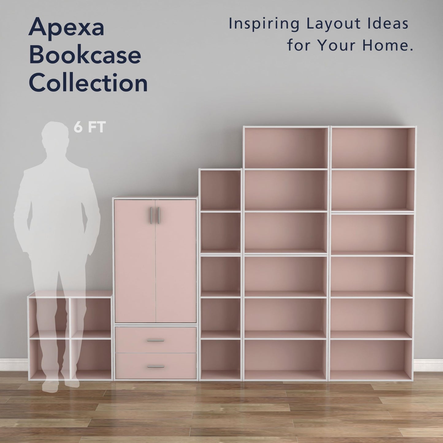 Homes: Inside + Out Apexa 3-Tier Stackable Wood Bookcase with Doors, Cube Storage Organizer Shelves, Small Food Pantry Cabinet, Dorm Teen Room Decor & Bedroom, Home Office, Kitchen, Light Pink