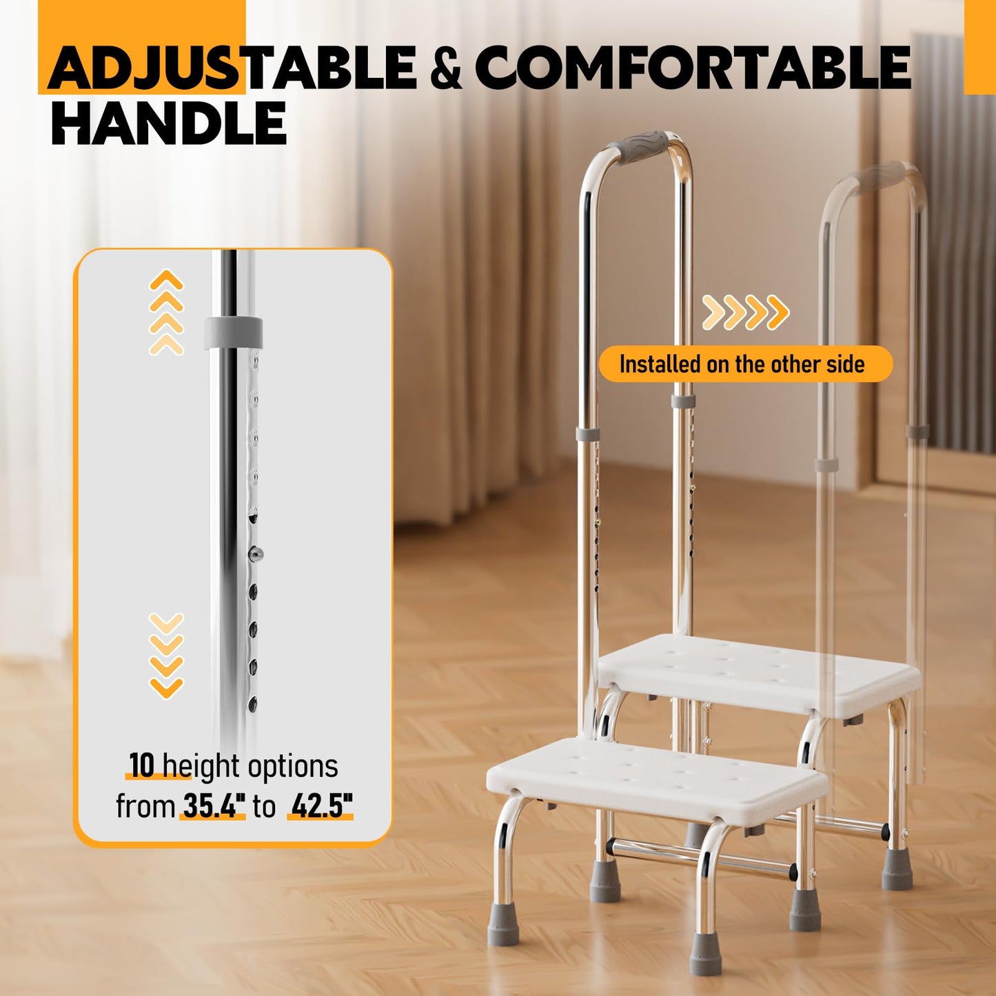SPECILITE 2 Step Stool with Handle, Heavy Duty Foot Stool with 10 Height-Adjustable Handrail, Non-Slip Platform and 4 Buckles for Bed, RV, Kitchen, Bathtub, 360lbs Standing aids for Elderly, Adult