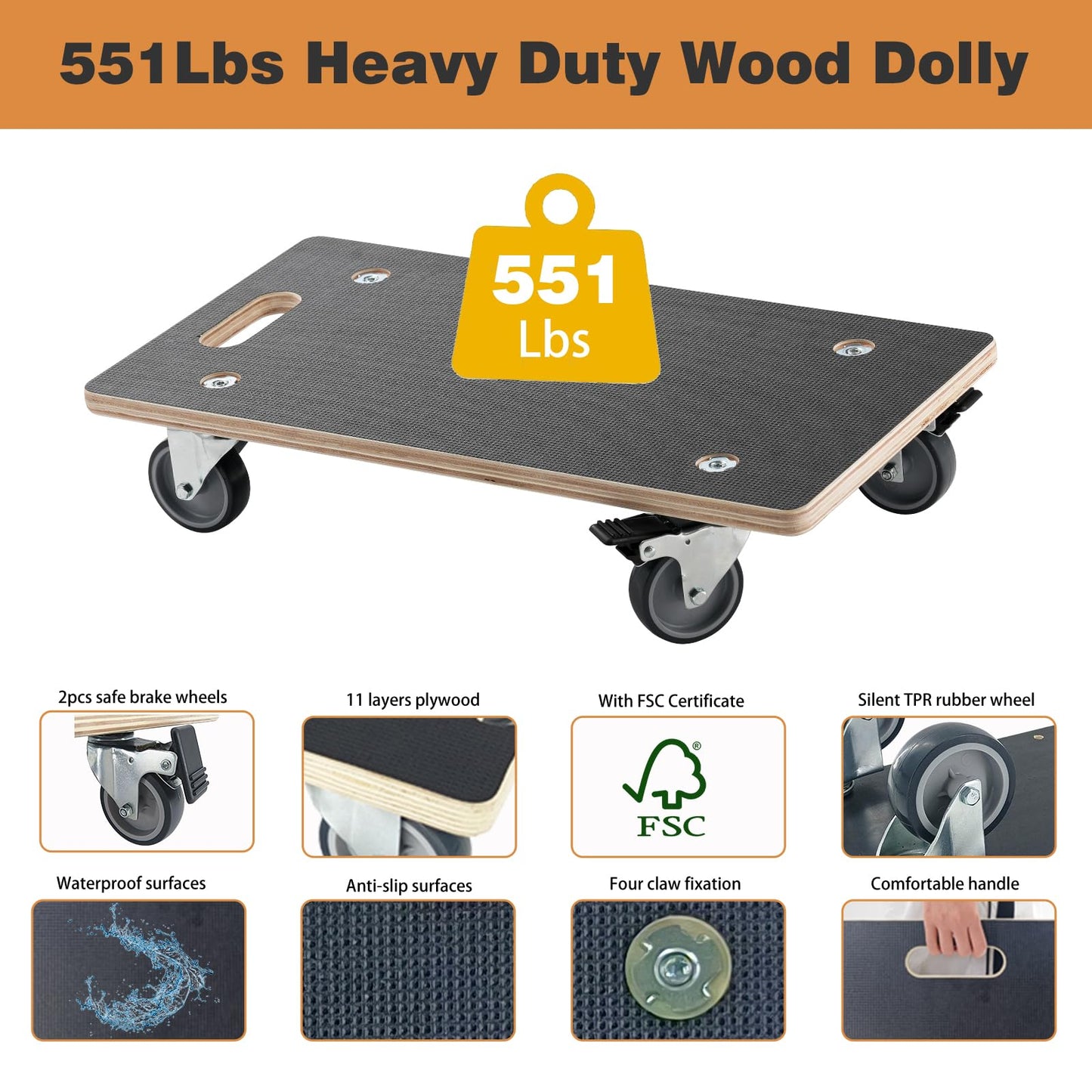 DrTakepeak Anti-Slip Plywood Platform Dolly 2 Swivel + 2 Brake Caster Wooden Cart 550 Lbs Capacity (2 Packs per Set) Furniture Transporter Widely Use for Moving Heavy Furnitures,Goods, Green Plants