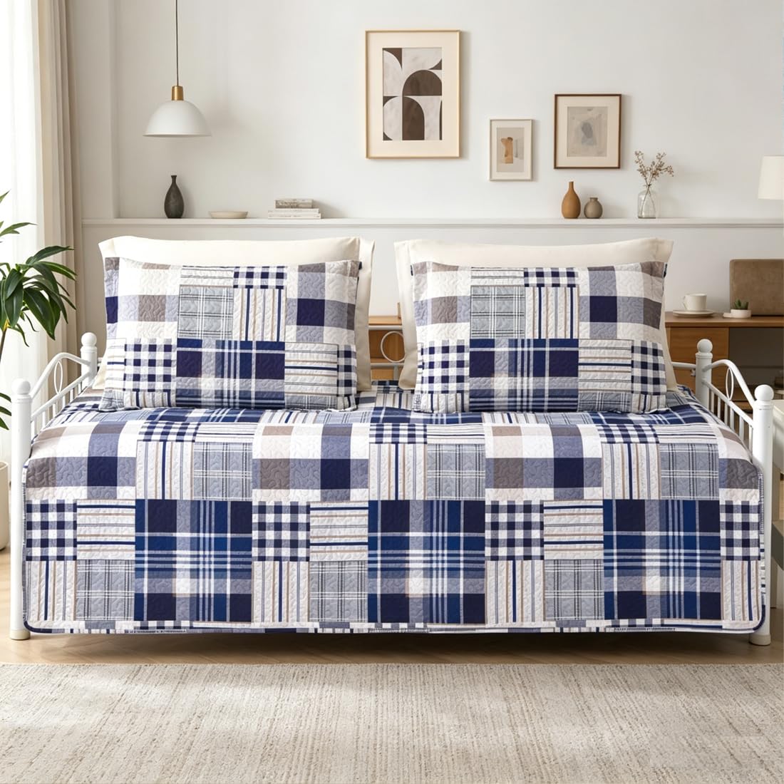 Jarson 3 Pcs Plaid Daybed Cover Set Twin Size Navy White Brown Sofa Cover Double Side Bed Set Classic Patchwork Bedding Sets Daybed Quilt Set with Pillow Shams