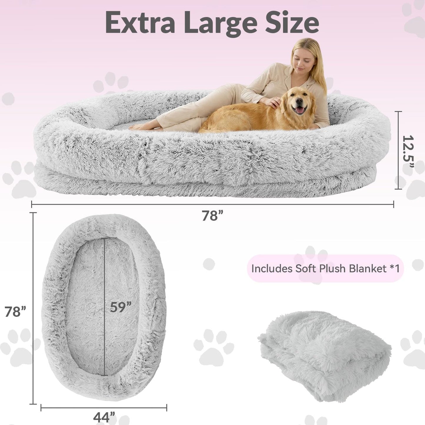 79"x44"x12.5" Human Dog Bed for Adult Faux Fur Washable Human Dog Bed Portable Handle, Egg Orthopedic Foam Human Bed Extra Large with Present Blanket Grey