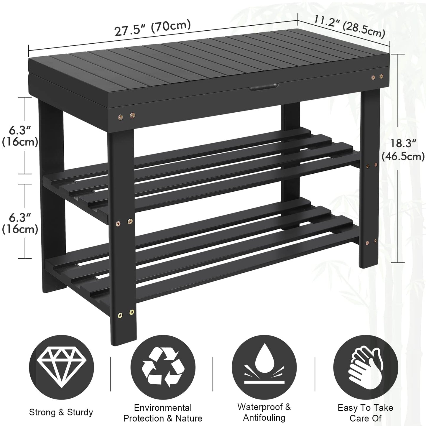 BAMBUROBA Shoe Rack Bench for Entryway,3-Tier Bamboo Small Bench with Storage Drawer,Shoe Shelf Organizer Indoor Outdoor Use,Black