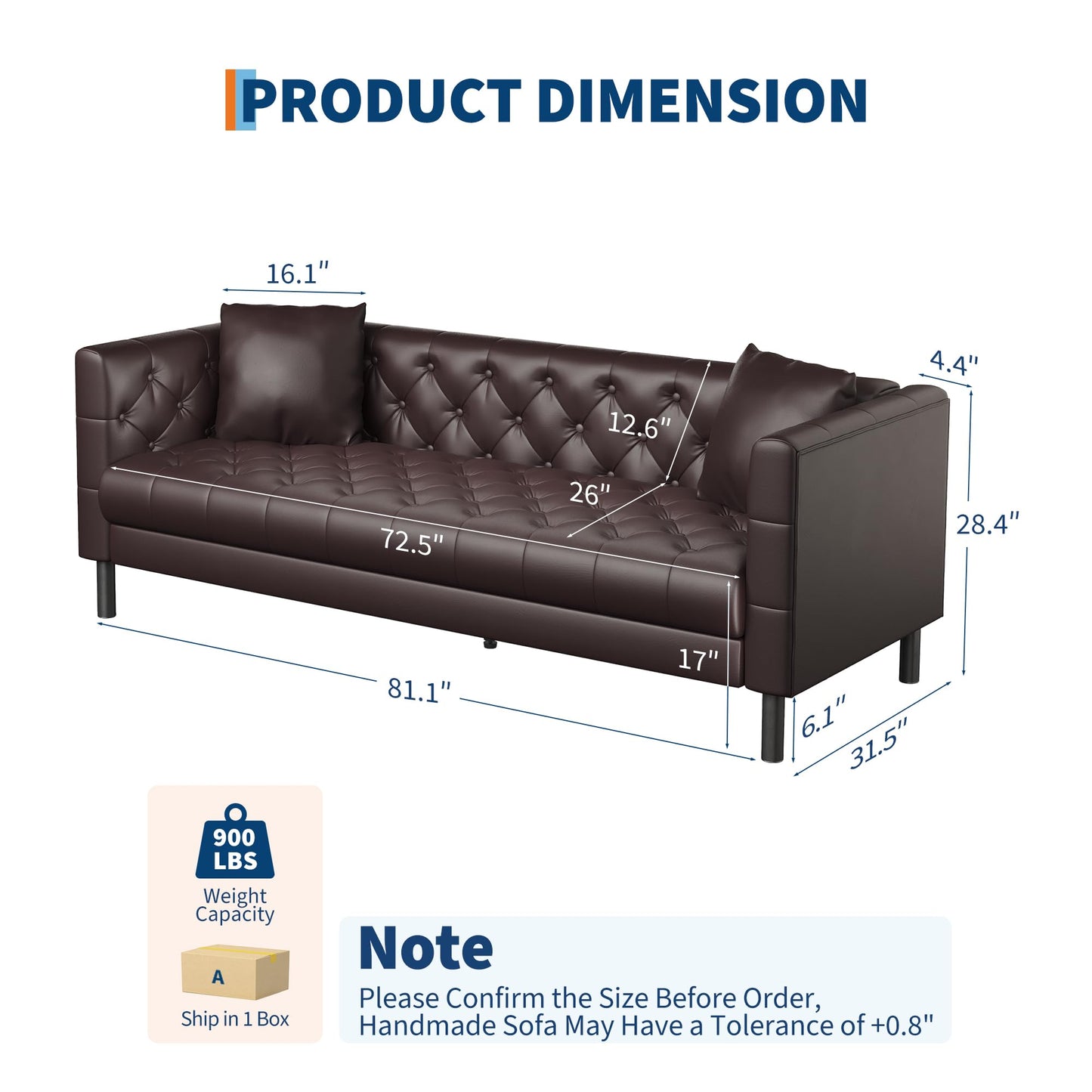 GarveeHome 81 in Leather Couch for Living Room, Modern Sofa Couch with Deep Seat and 2 Pillows, Handmade Button Tufted 3 Seater Sofa, Leather Sofa for Apartment or Office, Dark Brown