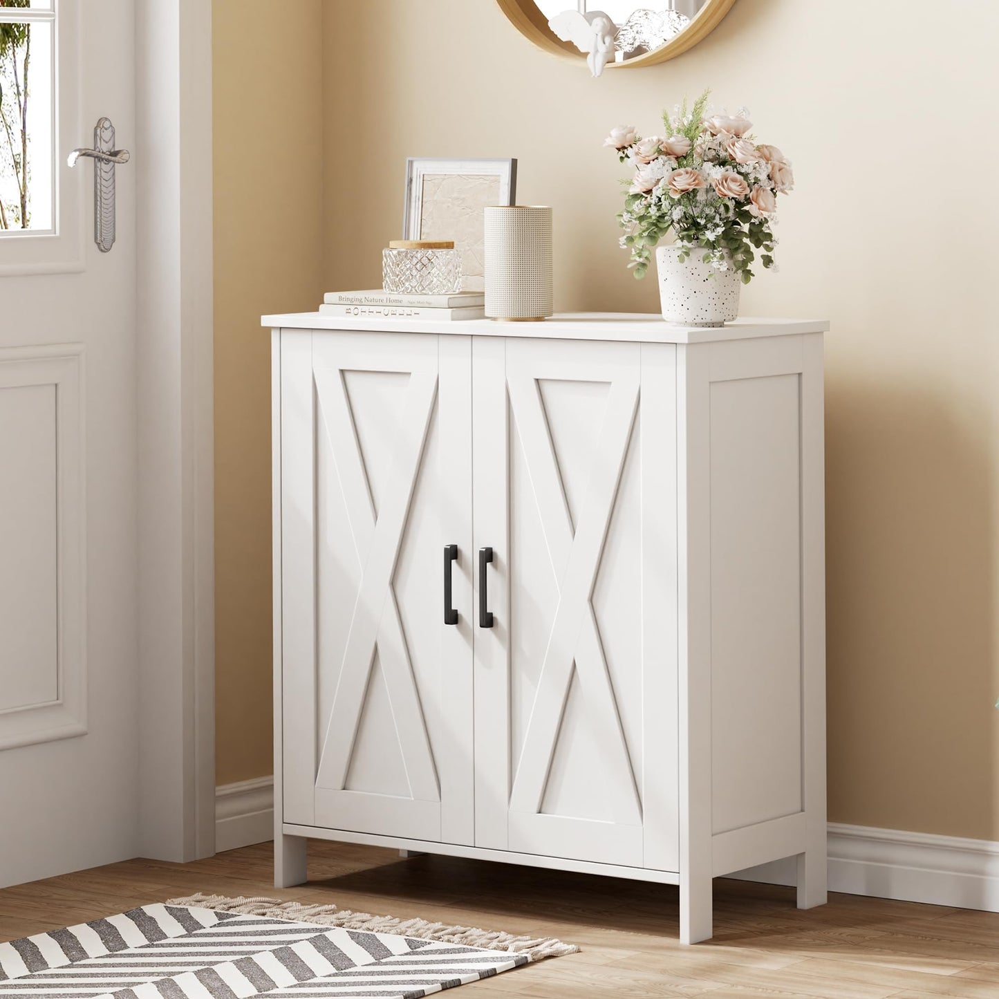 Homleke Farmhouse Shoe Cabinet with 2 Barn Doors & Wood Legs, 5-Tier Shoe Storage Cabinet with 3 Adjustable Shelves, Tall Shoe Rack Organizer for Closet, Shoe Organizer for Entryway, Hallway, White
