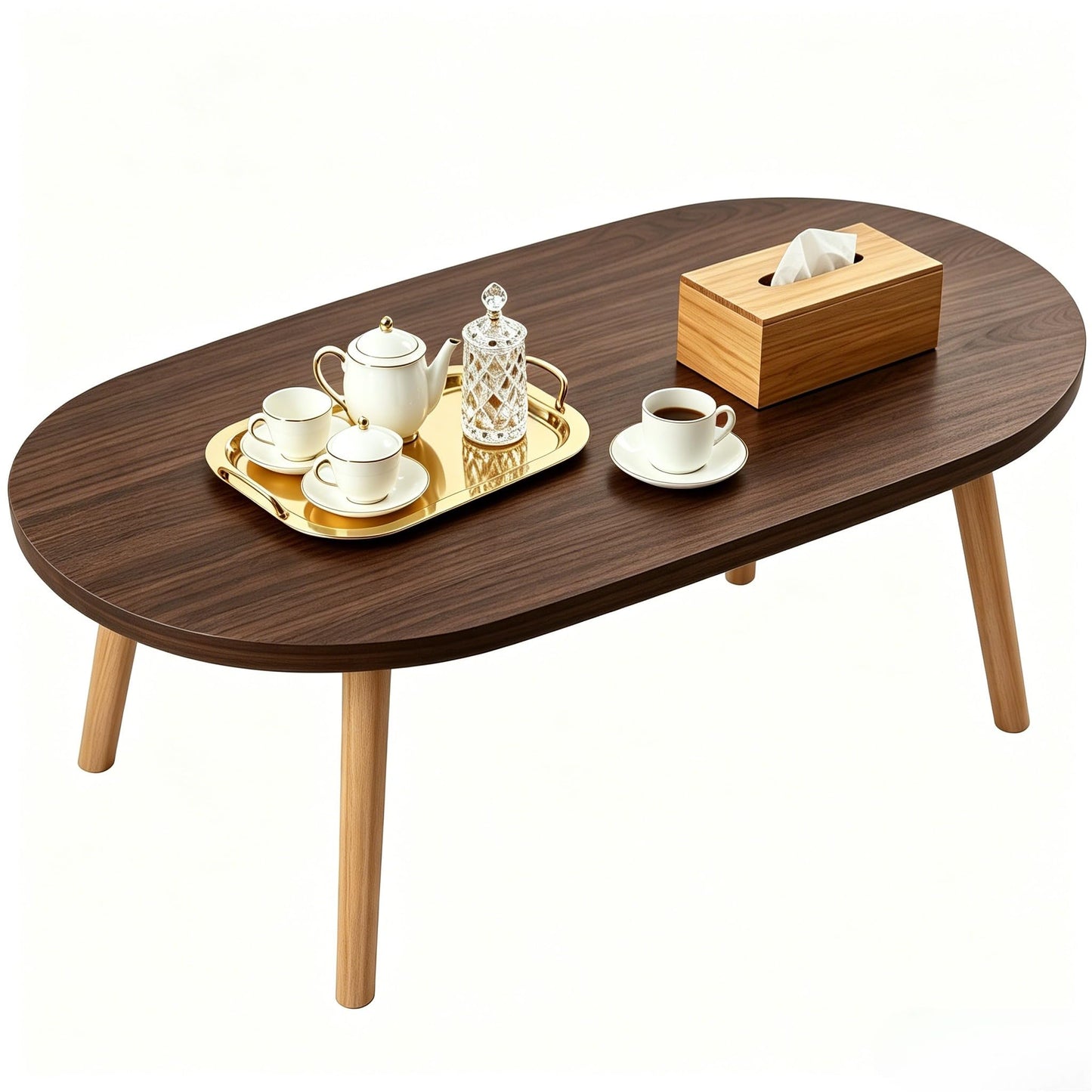 FURMORENE Coffee Table Low Table with Solid Wood Legs, 31.5x19.7 Large Coffee Table Side Table, Floor Table Desk for Sitting on The Floor, Living Room Furniture for Office Apartment Home, Oval Walnut