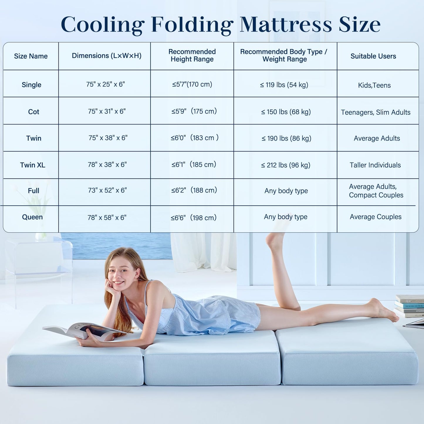 Lazyzizi Cooling Folding Mattress,6 Inch Foldable Mattress with Memory Foam Cold & Breathable Fabric Cover,Trifold Floor Guest Murphy Bed for Camping, RV, Queen