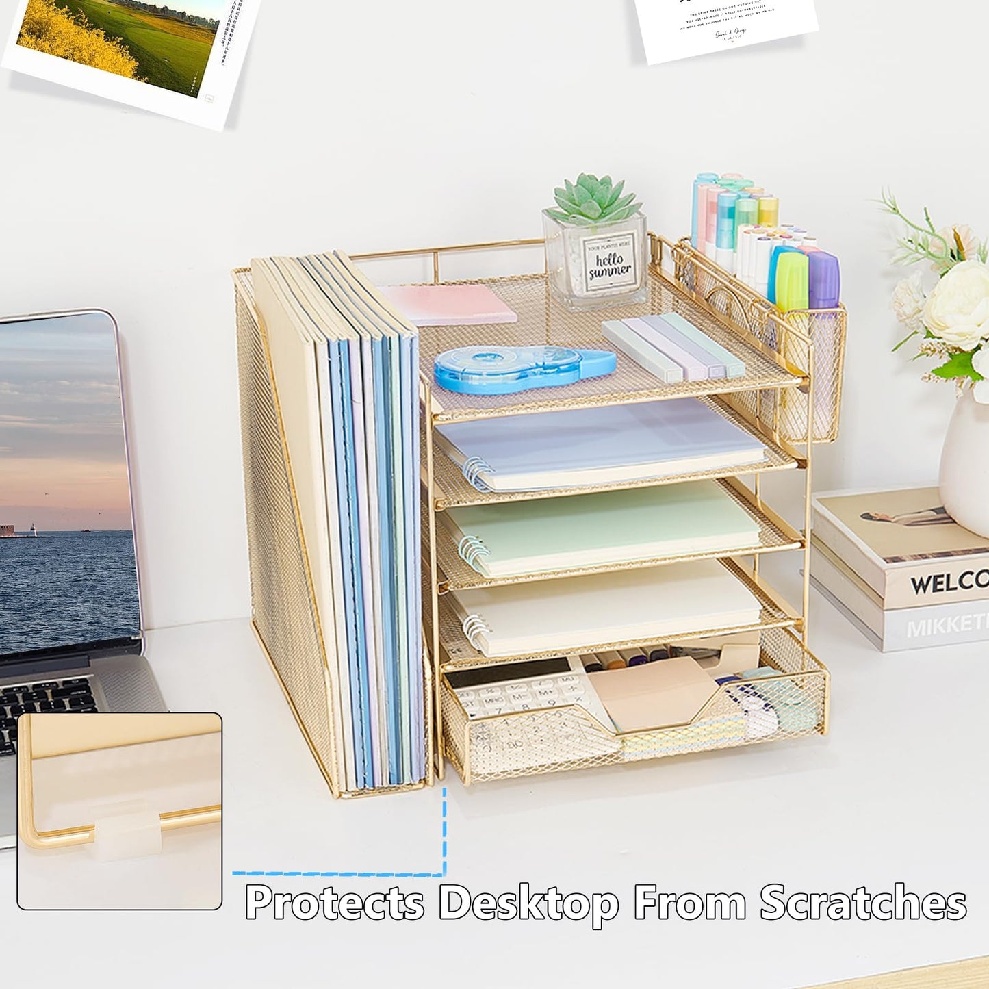 Gugsey Desk Organizers and Accessories, 5-Tier Paper Letter Tray Organizer with File Holder, Drawer & Pen Holder, Office Desk Accessories, Desktop Organizer for Classroom Office Supplies, Gold
