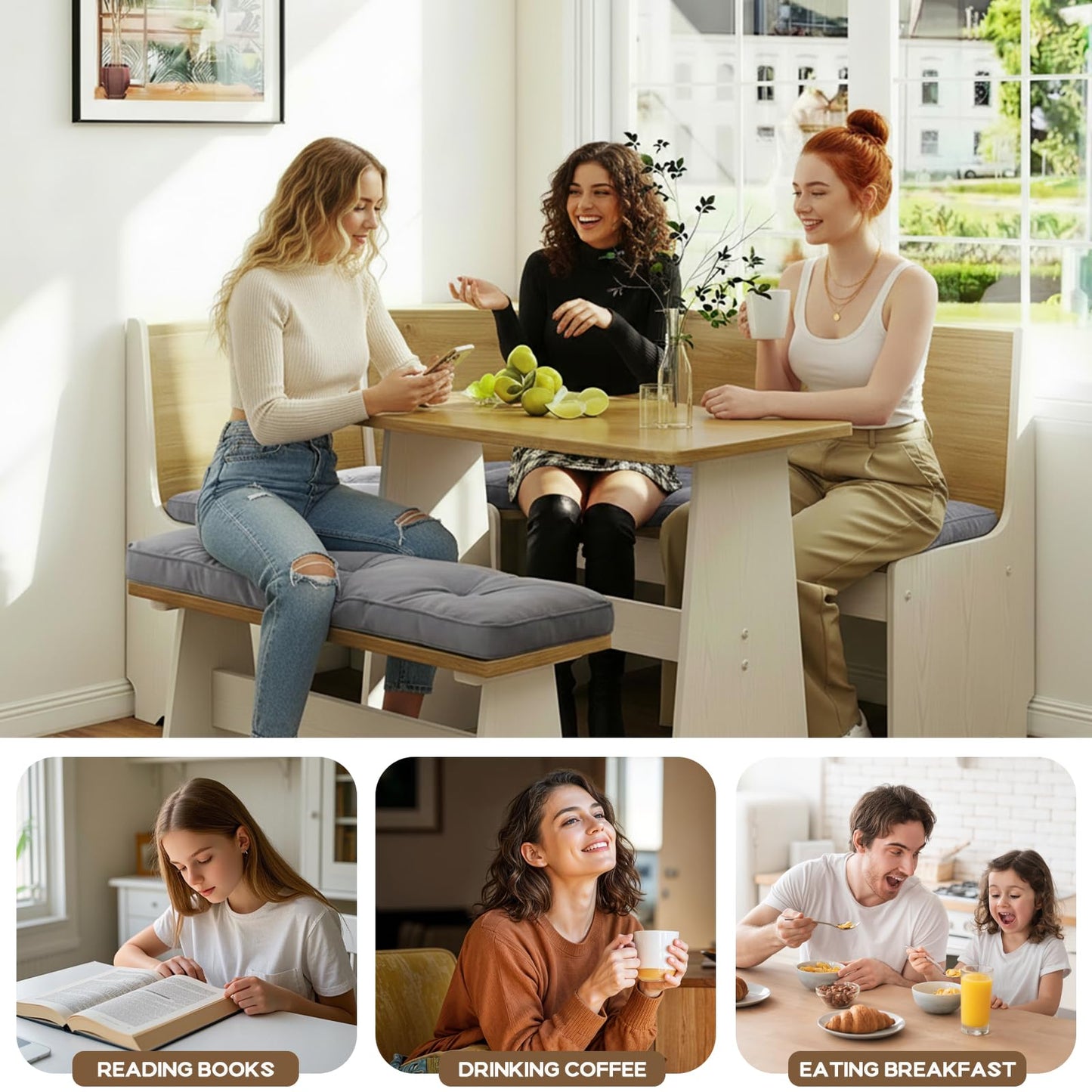CTLAMK Breakfast Nook Cushions Set of 4, Waterproof Oxford Fabric Kitchen Nooks Cushions, Soft Polyester Filling Cozy Supportive Nooks Cushion, Breakfast Nook Cushion Cozy Dining Area Seating,Grey