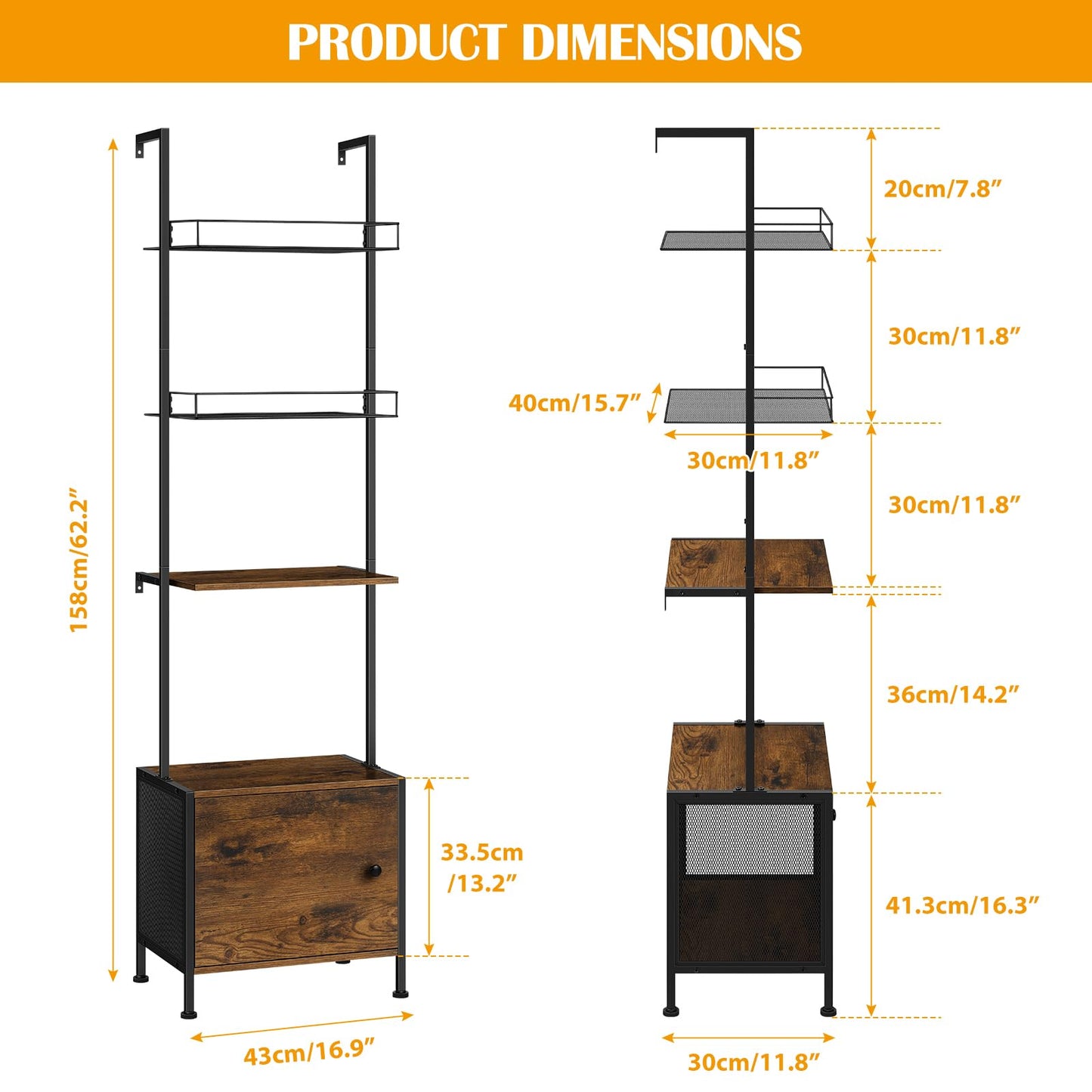 Vrisa 4 Tier Ladder Bookshelf with Drawers Wall Mounted Storage Shelves Wooden Ladder Shelf with Cabinet Display Bookcase for Living Room Bedroom Home Office Kitchen Brown