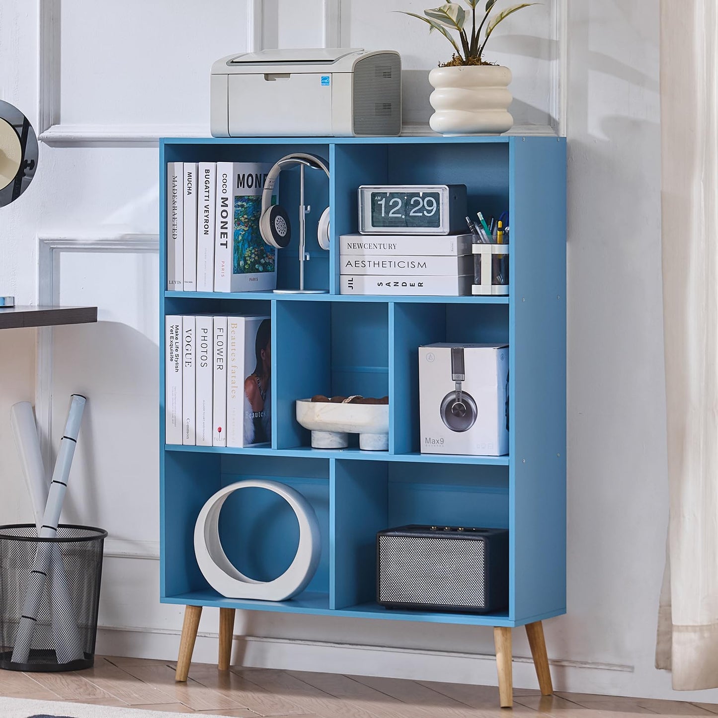 LEYAOYAO Cube Bookshelf 3 Tier Mid-Century Blue Modern Bookcase with Legs,Retro Wood Bookshelves Storage Organizer Shelf,Freestanding Open Book Shelves for Bedroom,Living Room,Office