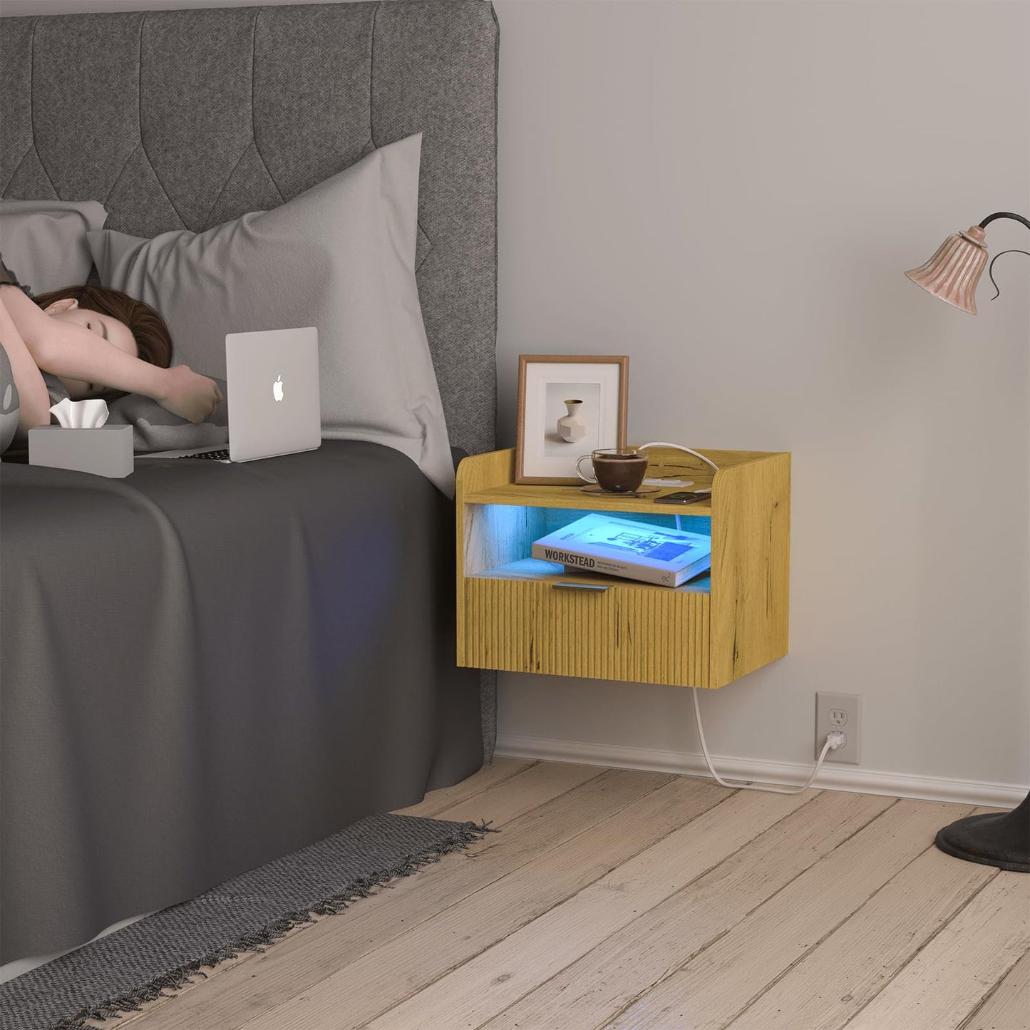 Veegle Floating Nightstand with Charging Station and LED Lights (Yellow Oak)