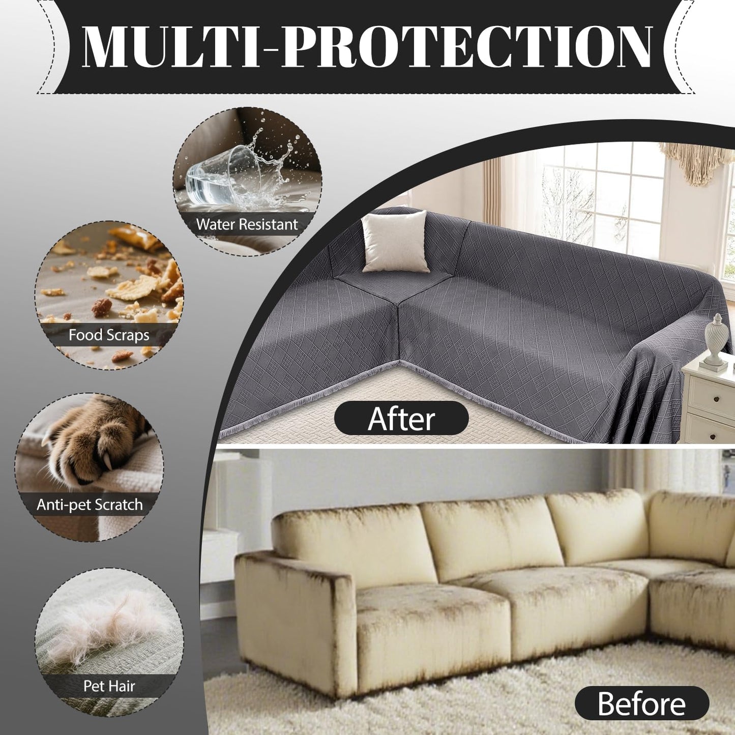 HYZOTEX Waterproof Sectional Couch Covers Sectional Sofa Cover L Shaped Corner Sofa Slipcovers Blanket for Dogs Pets Washable Jacquard Quilted L Shape Furniture Protector (75x276 in, Dark Grey)