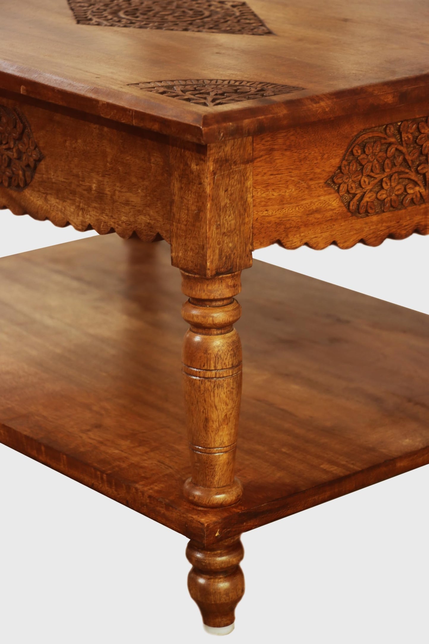 COTTON CRAFT Hand Carved Solid Wood Coffee Table with Storage Shelf – Antique Brown 100% Mango Wood Center Table for Living Room – Easy Assembly Rustic Farmhouse Cocktail Table - 30.5 x 21.5 x 18 H
