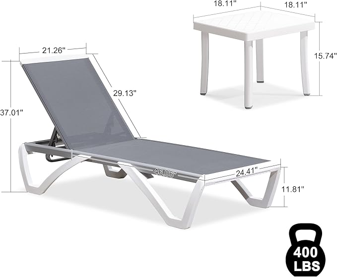 PURPLE LEAF Patio Chaise Lounge Chair Set of 3 Outside Aluminum Plastic