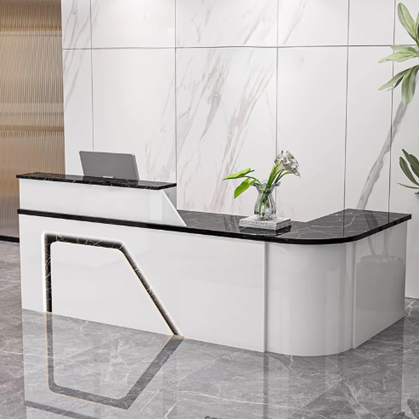 Modern Reception Desk - Sleek White & Black Front Receptionist Counter, Stylish Lobby & Restaurant Furniture, 140cm Standing Reception Area Design for Offices & Business Spaces