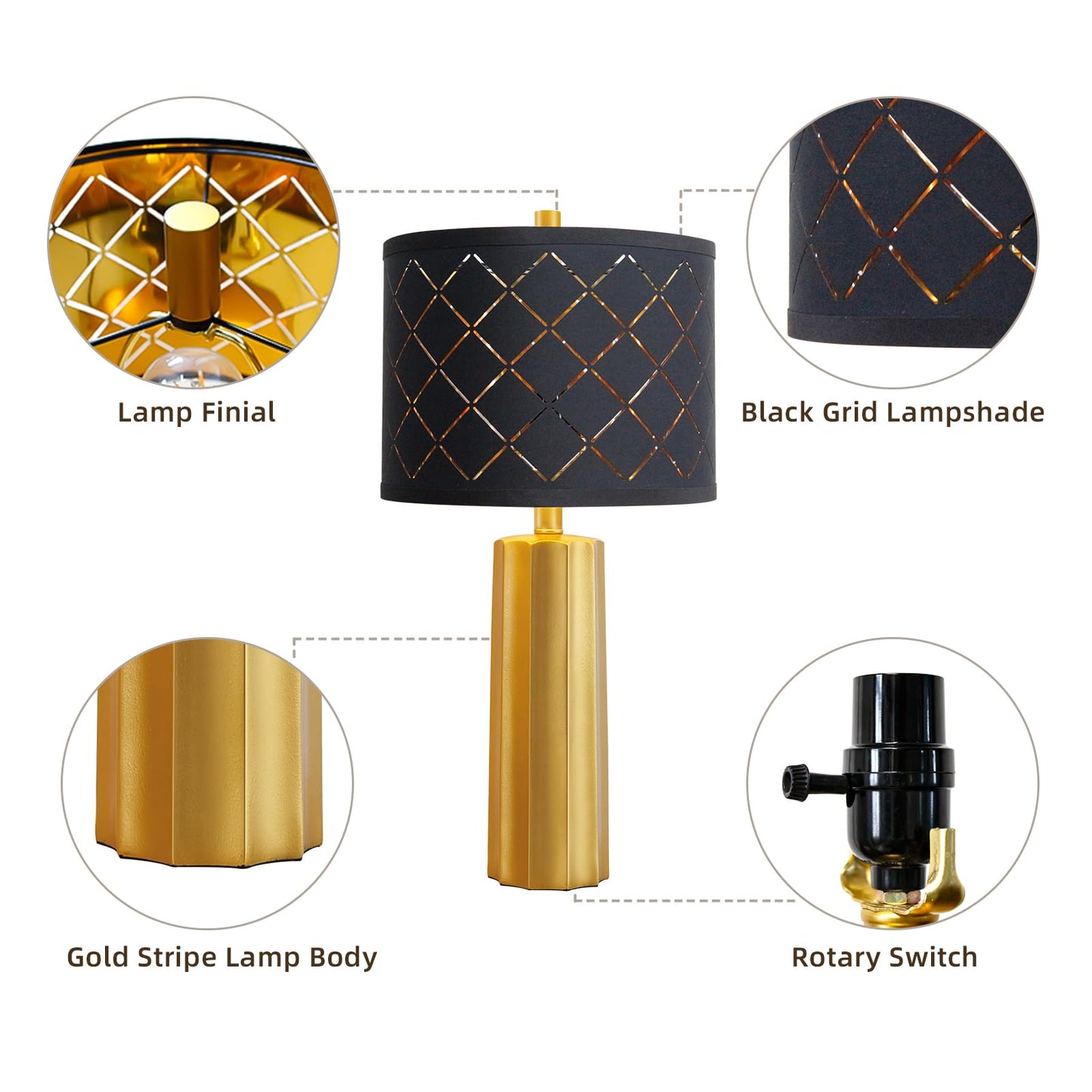 RORIANO Set of 2 Modern Table Lamps for Living Room Bedroom, Gold Nightstand Resin Lamps with Black Grid Shade, Contemporary Desk Lamps for Bedside End Tables, 2 Bulbs Included (Gold)