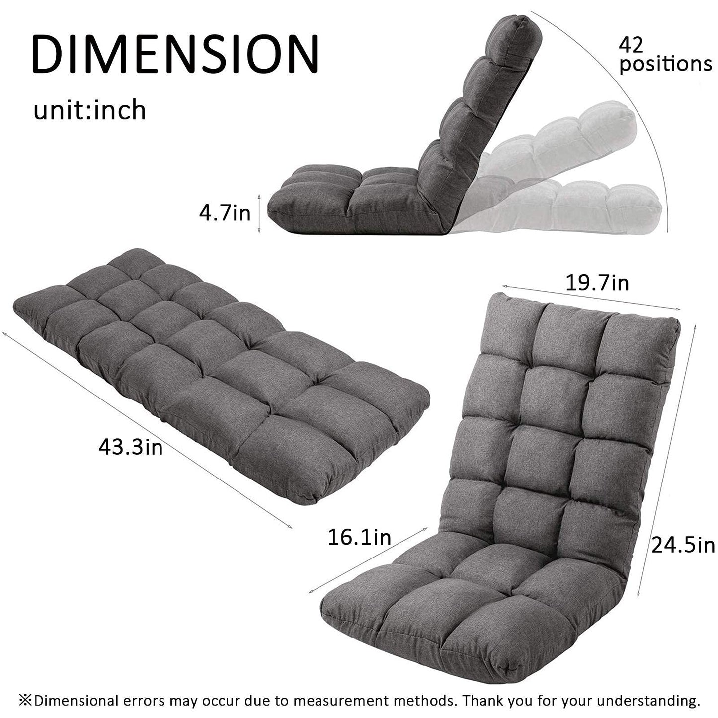 FLOGUOR Floor Chair Floor Lounger Chair 42-Position Recliner Adjustable Foldable Video Gaming Meditating, Reading, Padded Comfortable Seat, Indoors (Grey) 8812GR