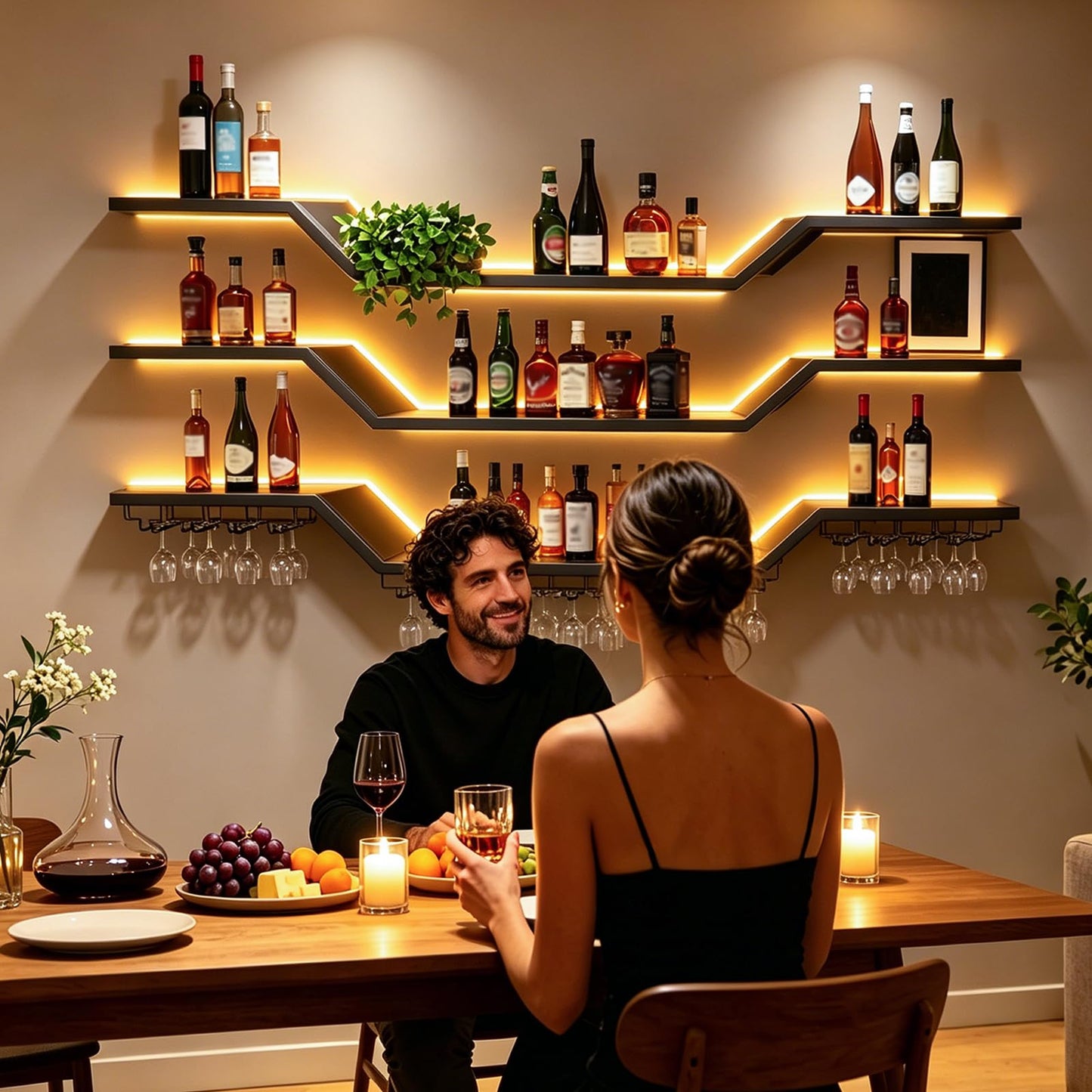 31.5in Modern LED Wine Rack Wall Mounted, 3-Tier Floating Bar Shelves with Wine Glass Rack, Large Hanging Liquor Shelf Wall Mounted, for Home Bar Dining Room Cafe Decorative (Black, 31.5in/80cm)