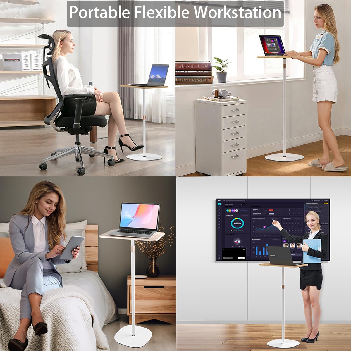 Small Laptop Standing Desk, 18“H - 46”H Adjustable Height Pedestal Side Table with Wooden Top, Portable Tall End Table, Stand-Up Desk for Bedside, Couch, Sofa, Living Room, Bedroom, Home Office, White