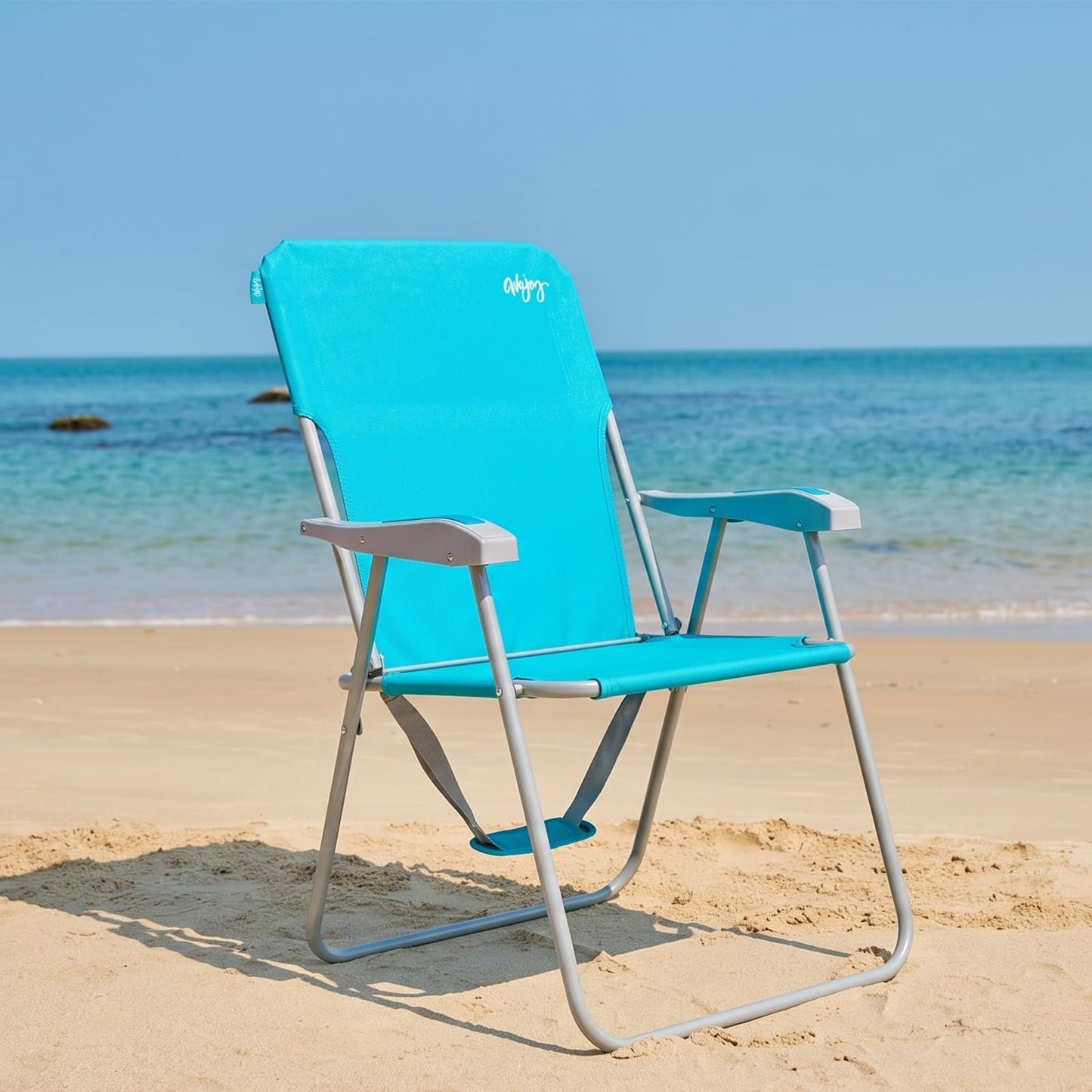 #WEJOY Tall Folding Beach Chair for Adults, Lightweight Beach Chair with Shoulder Straps, High Back Camping Chairs with Hard Armrest, Supports 300lbs for Outdoor Lawn Concert (Cyan)
